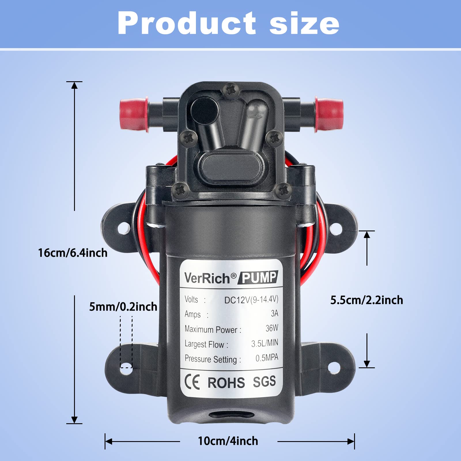 Bomba de diafragma,VerRich 12V DC Bomba de agua 36W 3A Interfaz recta Bomba de pulverización autocebante 3.5 L/min 0.77MPA 73 PSI para RV Camper Marine Boat Garden