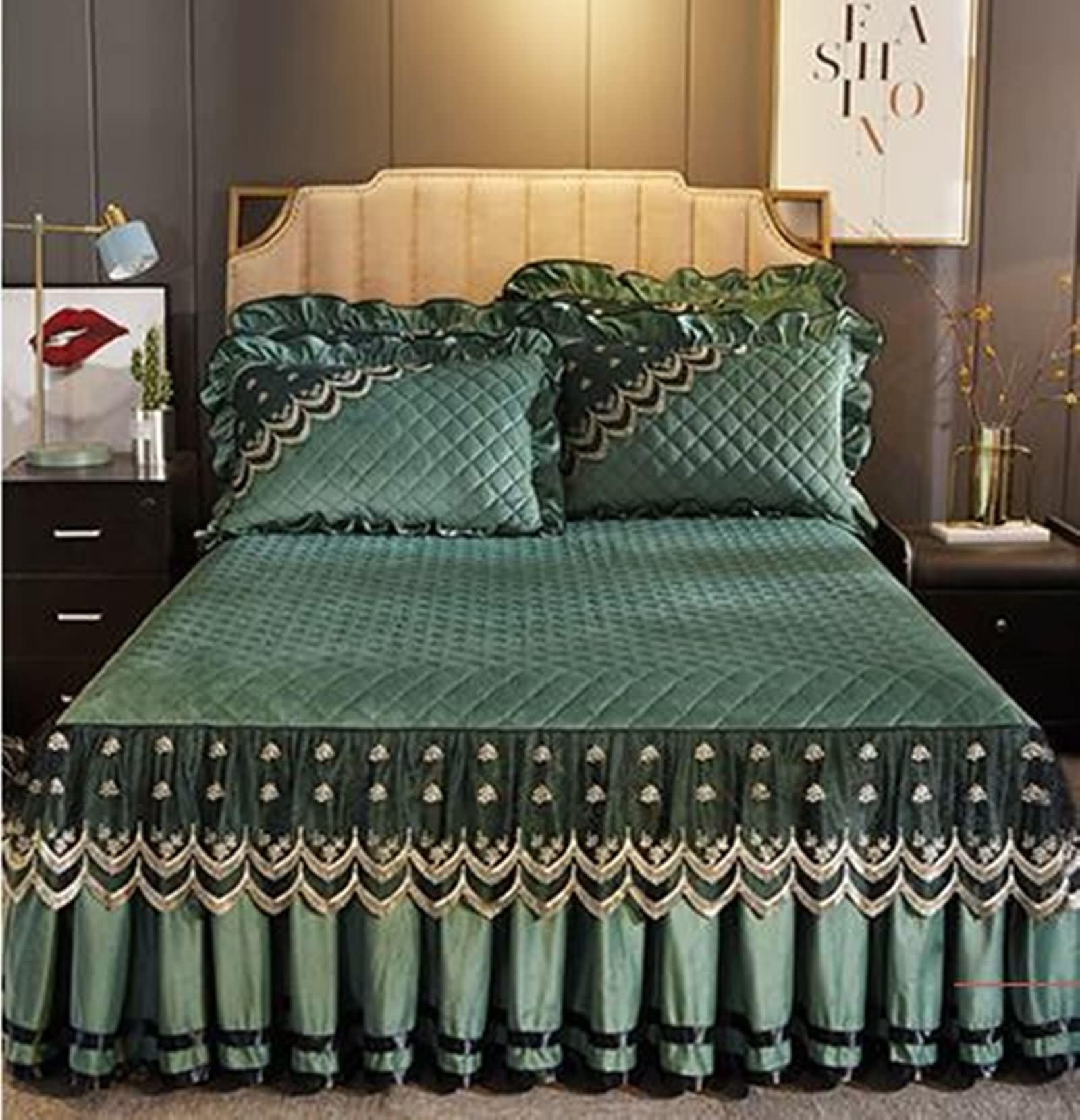 Lenzuola Letto Matrimoniale Poliestere con Angoli, Motivo di Tinta Unita con Pizzo Ricamato, 180 x 220 CM, Verde Oliva