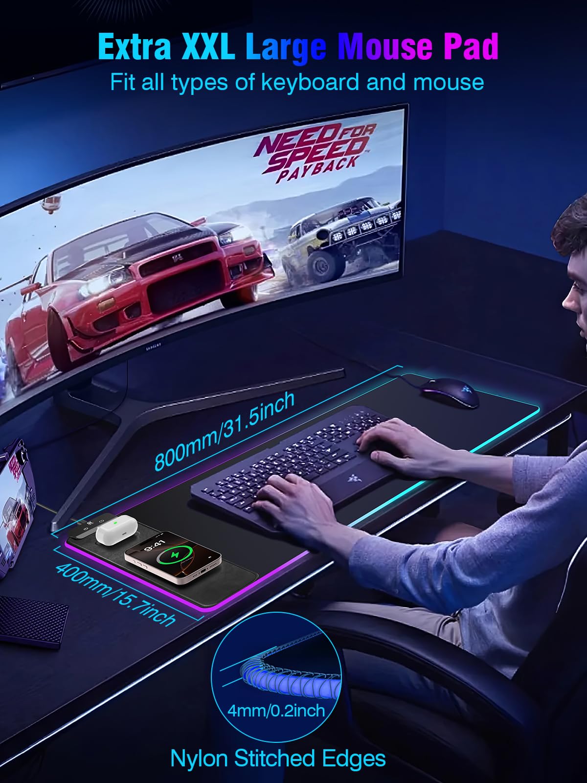 Tappetino per mouse con ricarica wireless magnetica, grande protezione per tappetino da scrivania, tappetino da scrivania nero RGB con caricabatterie rapido da 15 W, tappetino per mouse antiscivolo