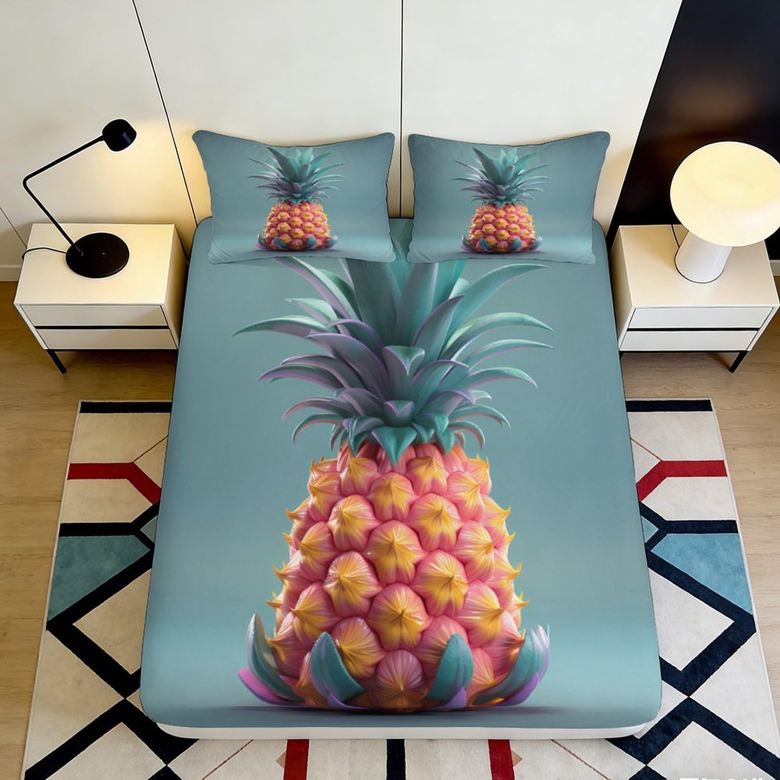 3D Printed Pineapple Art Fitted Sheet Microfiber Soft Anti-Slip Tropical Fruit Bed Cover for Bedroom Dorm Decor 90x200x25cm