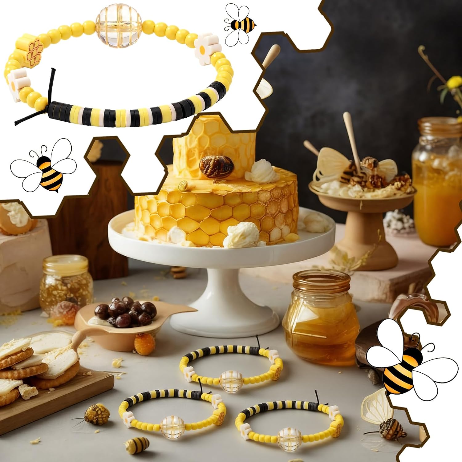 24 Pcs Bee Bracelets Bulk Adjustable Honeybee Clay Beads Bracelets with Daisy Honeycomb Charms Cute Bee Party Favors for Birthday Classroom Rewards Spring Summer Theme Gifts