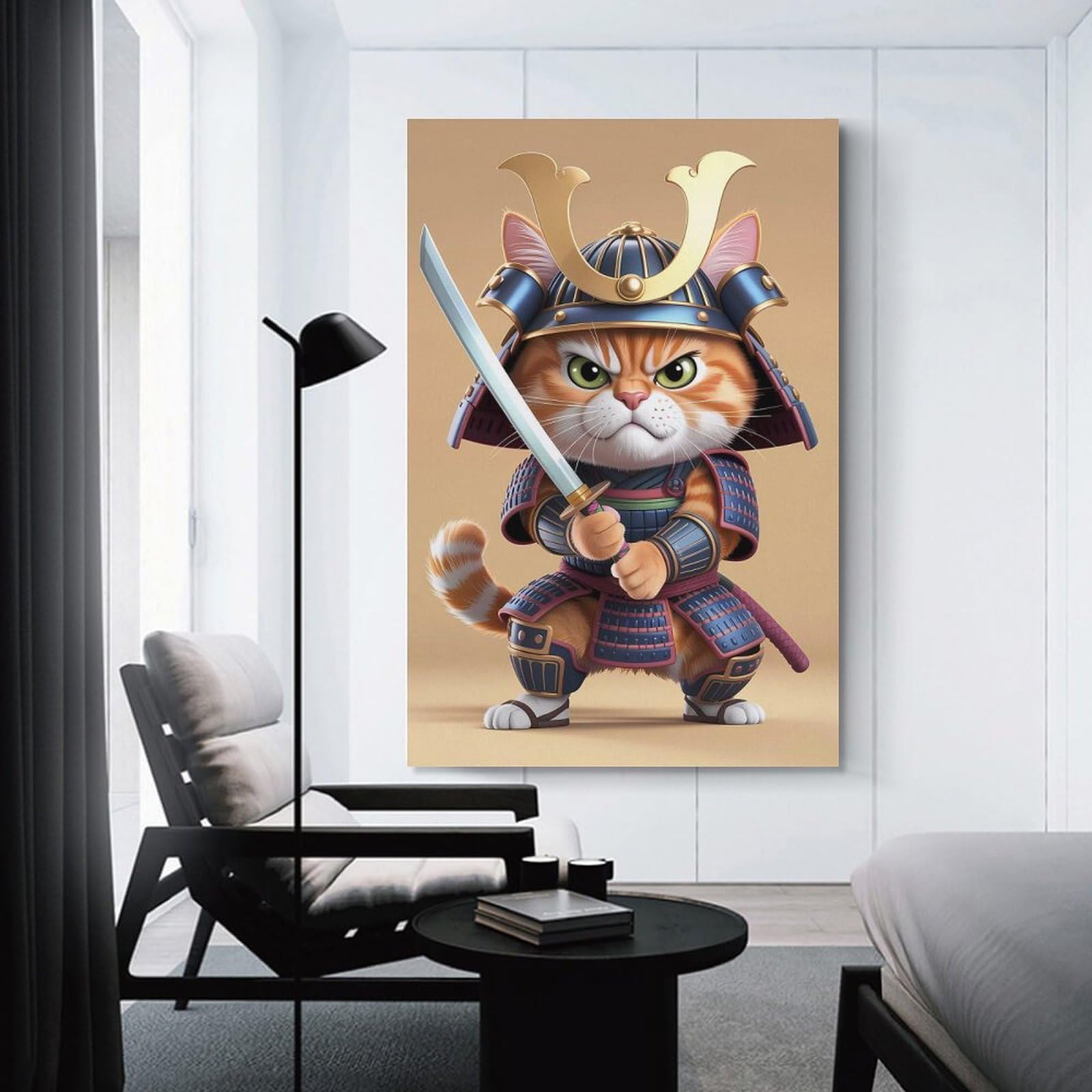 Junmoney Unframe-Style-3 Samurai Cat Warrior Decorative Canvas Print, 20X30inch(50X75cm), For Contemporary Homes, Apartments Or Offices, Home Artwork For Modern Interiors