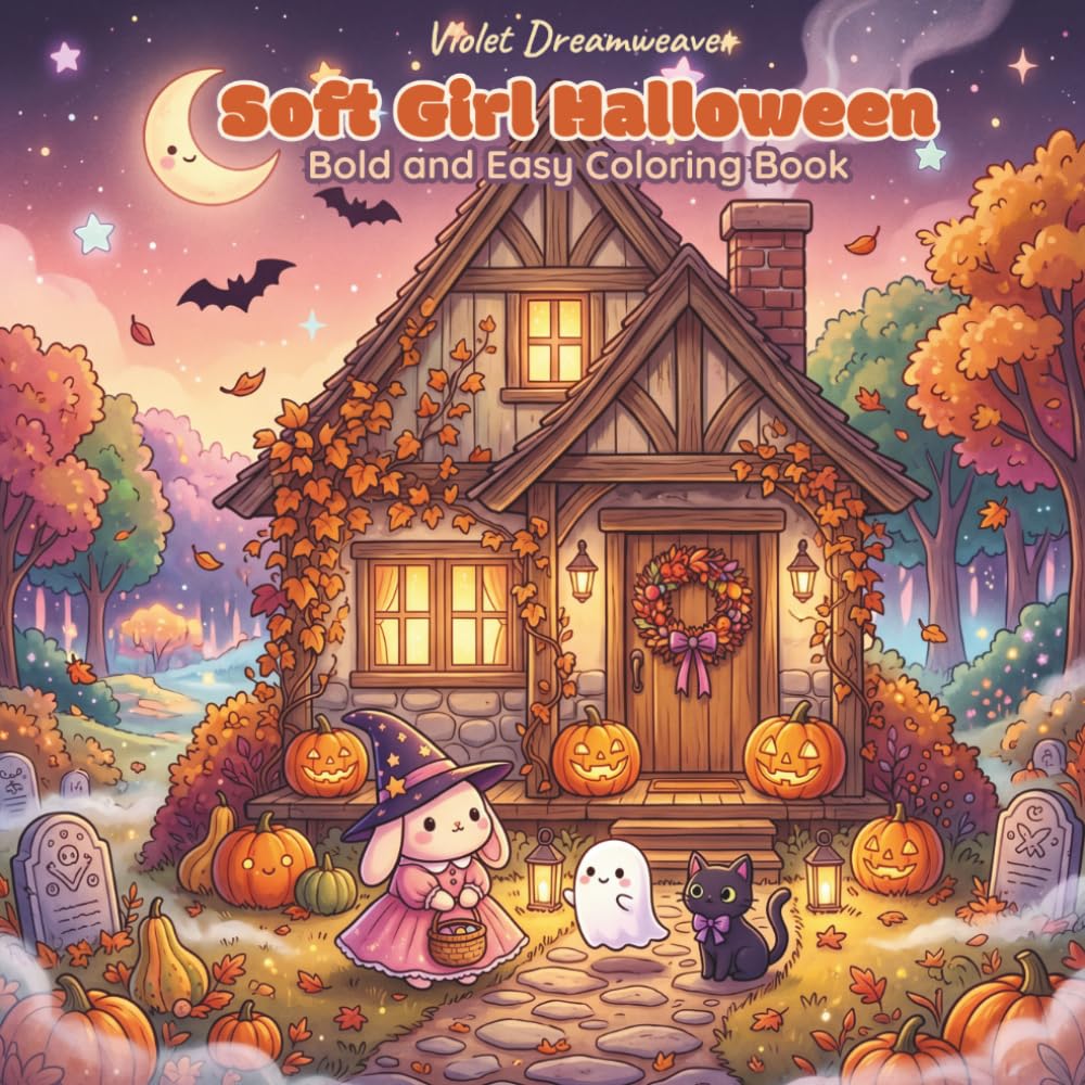 Soft Girl Halloween: Bold and Easy Coloring Book for Adults and Teens with Cute Ghosts, Pastel Pumpkins, Cozy Witch Cottages, Spooky Cute Vampire and Skeleton Animals for Relaxation