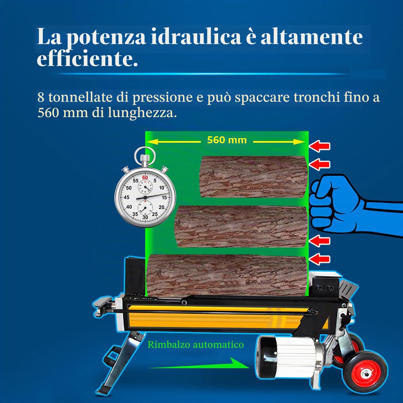 Spaccalegna idraulico, completamente automatico con grande motore, funzionamento con una sola mano per una facile spaccatura e spostamento dei tronchi