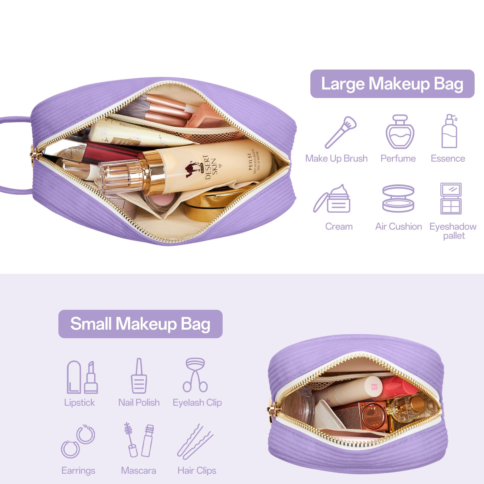 KALIDI Travel Makeup Bag for Women Corduroy Make Up Pouch with Metal Ring Zipper Portable Cosmetic Organizer Toiletry Make-up Bag for Handbags - Image 4