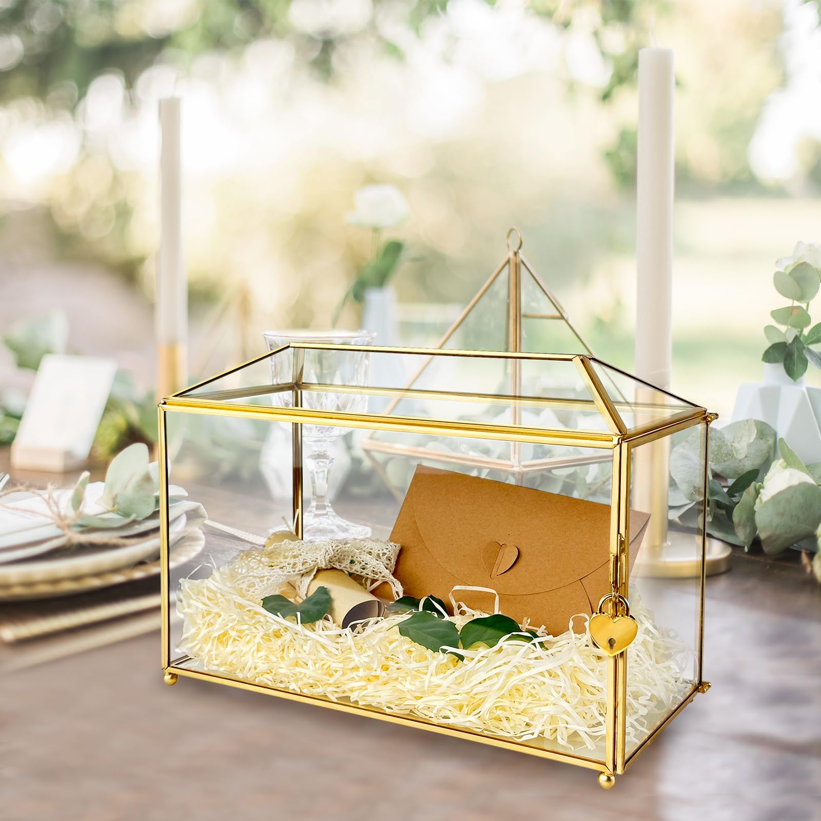 HighFree Glass Wedding Card Box With Lock, Large Gold Clear Card Box