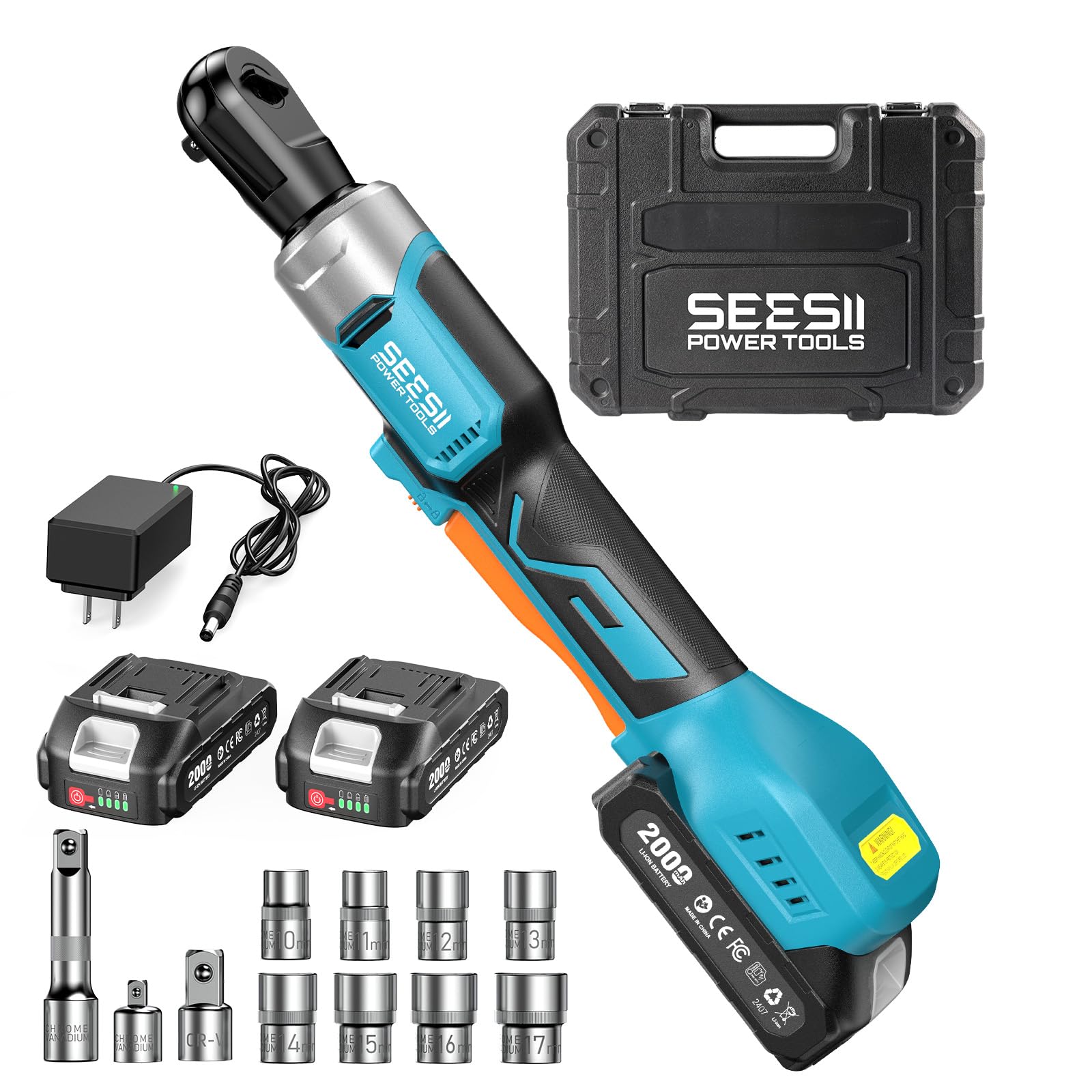 3/8" Cordless Electric Ratchet Wrench, 60 ft-lbs (80Nm) High Torque, 21V Max, 2×2.0Ah Batteries, 0–300 RPM Variable Speed, Fast Charger, 10–17mm Socket Set, Extension Bar & Carry Case