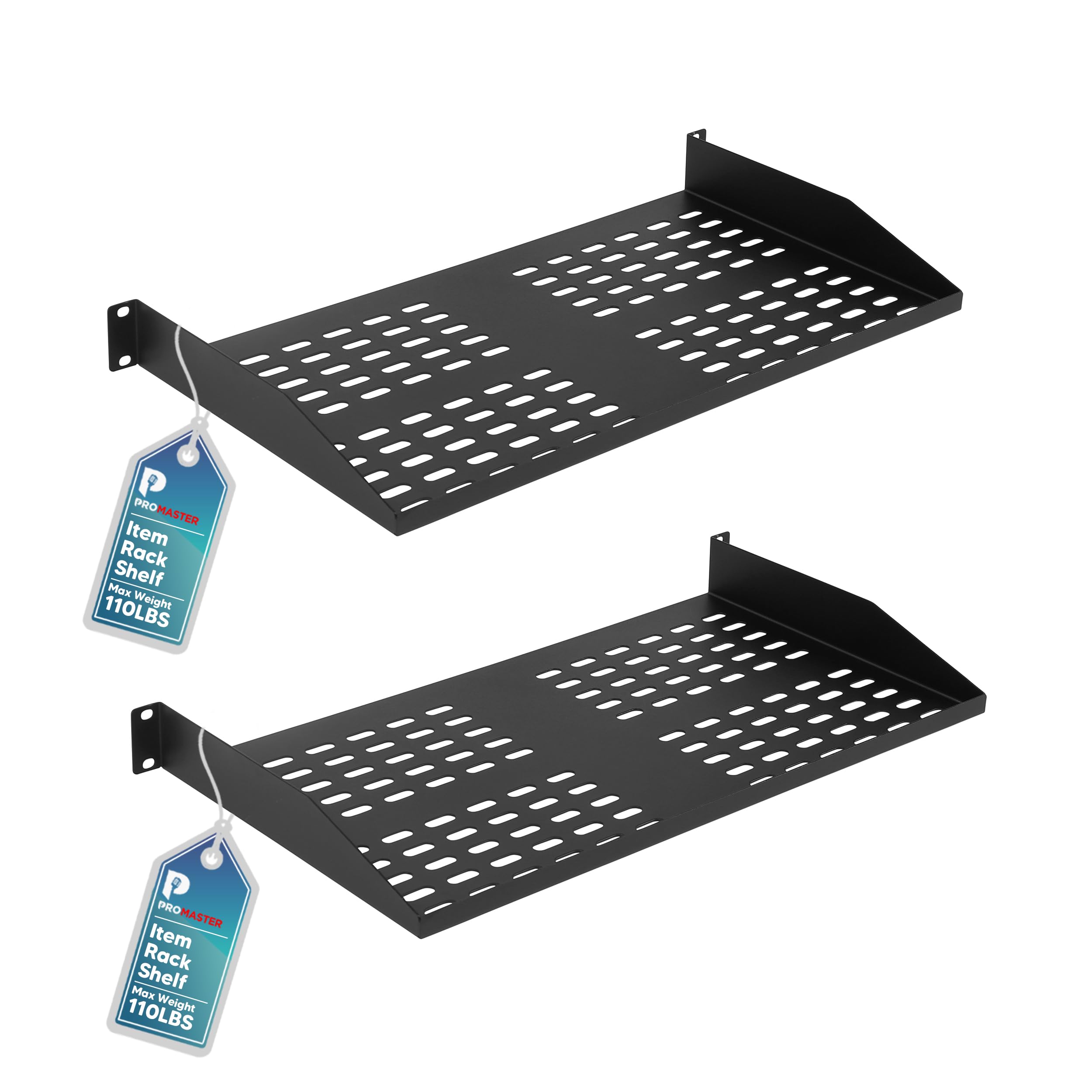 ProMaster 2-Pack 19-Inch 1U Shelves: Universal Rack for 19'' Server Racks, Consistent Airflow, Heavy-Duty Construction, 10'' Deep, Tray Size 19” X 10” X 1.7”. (Item: 10.63x2.56x19.69 inches)
