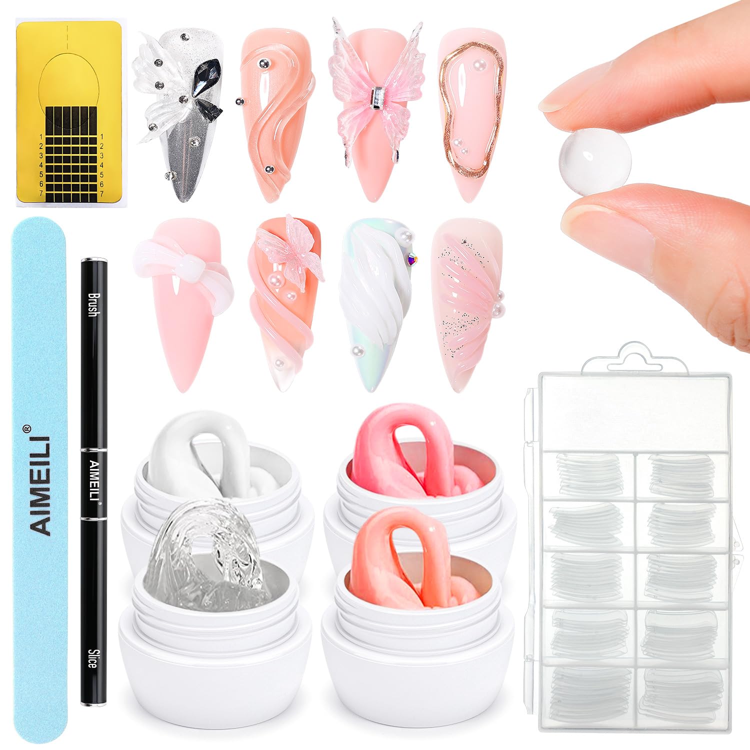 AIMEILI Hema Free Solid Builder Nail Gel Kit 4 Colors, 2 in 1 Nail Extension Gel Pen Brush, 100pcs Dual Nail Forms Clear N...