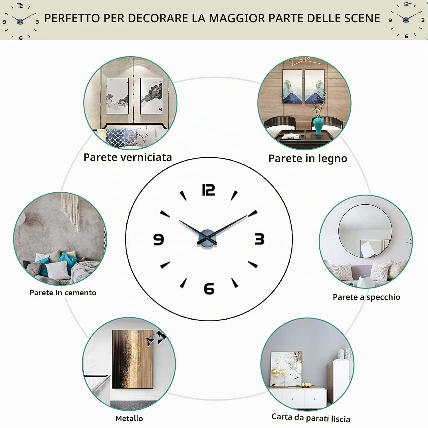 Coraltree Orologio da parete moderno,orologio da parete 3D DIY silenzioso per decorazioni parete, regalo per casa, ristorante, ufficio e hote (nero)