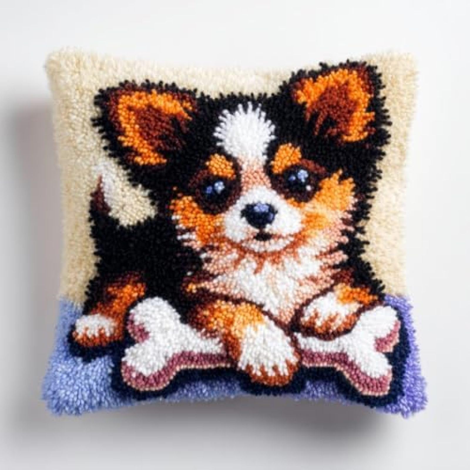 kitphoenix Pre-Printed Latch Hook Cushion Cover Kit for Adults,Chihuahua Long Hair and Bone,DIY Pillow Cover Craft Set with Yarn and Hook,43x43 cm