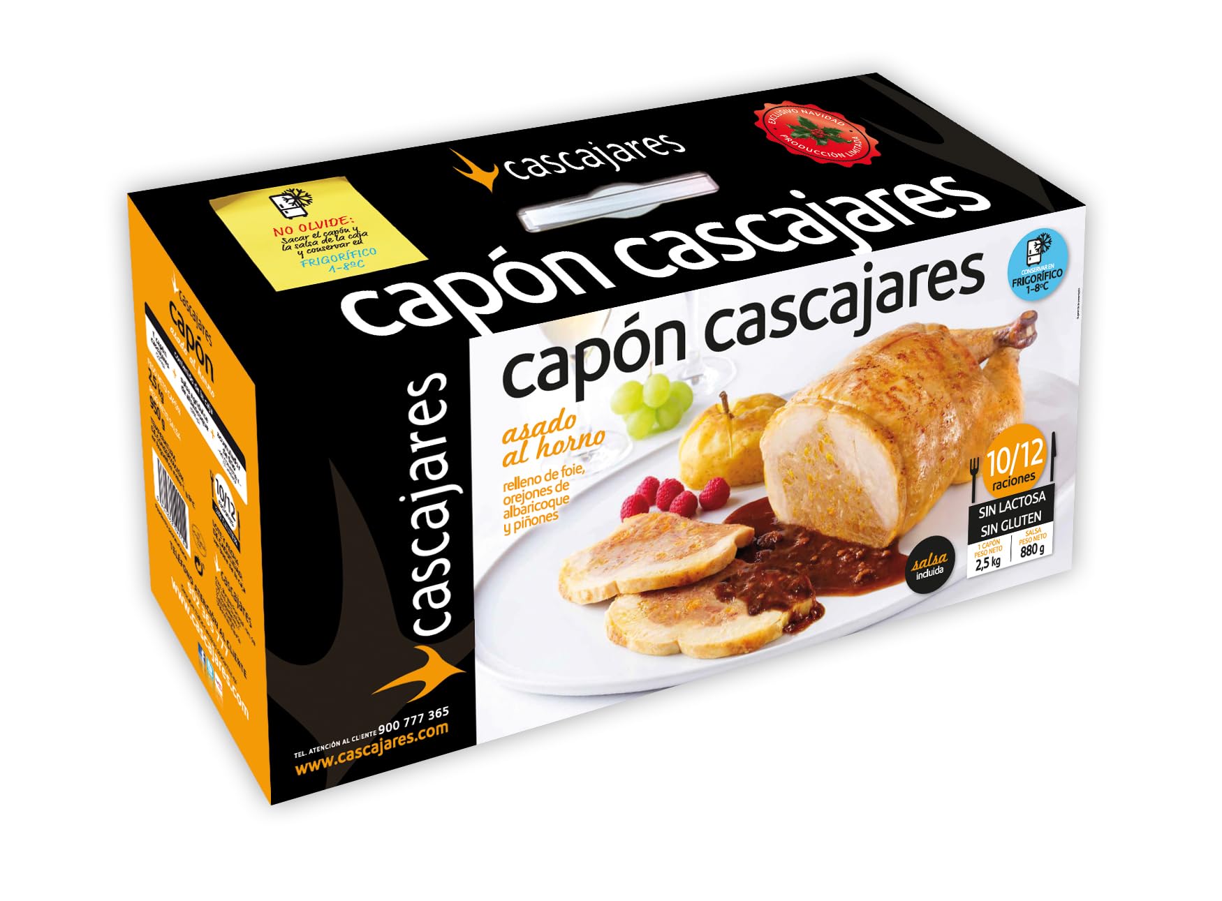 CASCAJARES - Capón Relleno de Foie, Orejones de Albaricoque y Piñones, 2,5 Kilos con 1 Litro de Salsa de Albaricoque, para 10-12 Personas, sin Gluten ni Lactosa