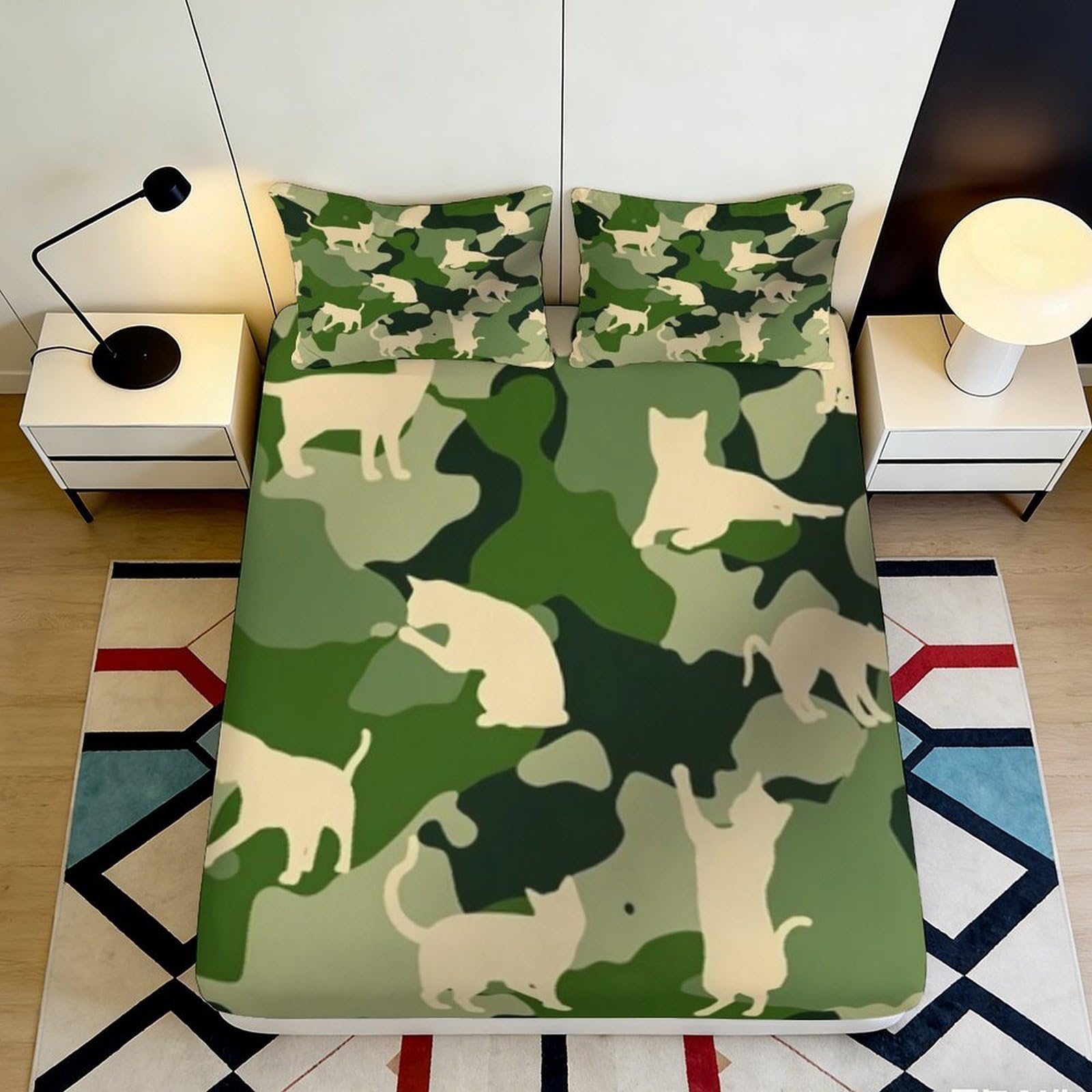 3D Printed Camouflage Cat Pattern Fitted Sheet Microfiber Soft Green Bed Cover for Bedroom Guest Room Easy Care 180x200x25cm