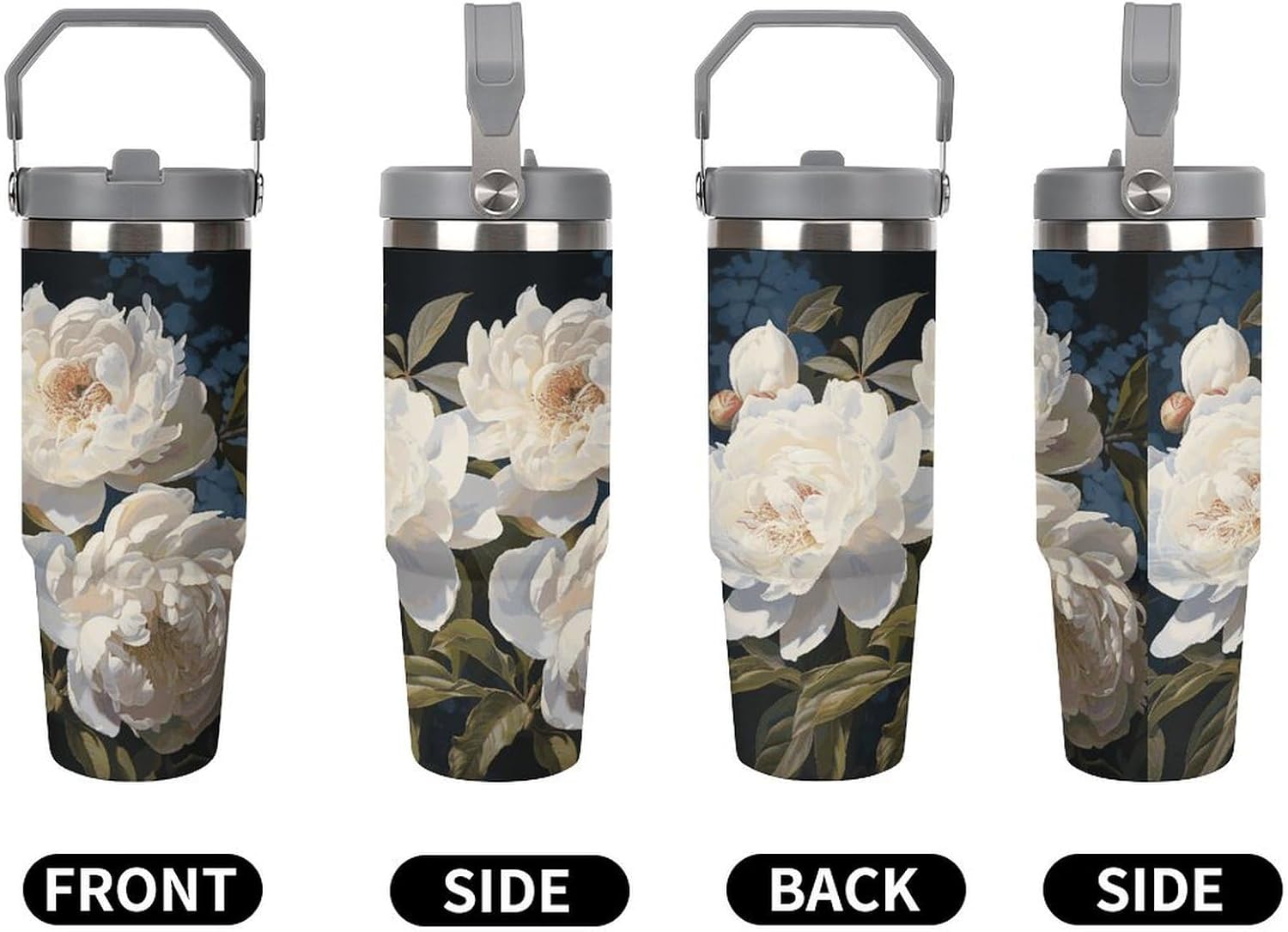 White Peony Water Bottle 30 Oz Fits Car Cup Holder,Insulated Coffee Mug Large Capacity Car Cups,Stainless Steel Double Wall Sport Bottle for Travel Sports Gym