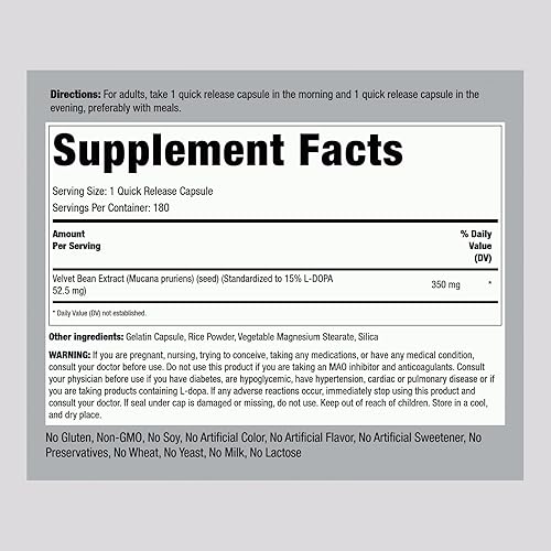 Miniatura 2 de Piping Rock DOPA Mucuna Cápsulas  180 unidades  15% L-DOPA  Extracto de Mucuna Pruriens  Suplemento sin OMG, sin gluten