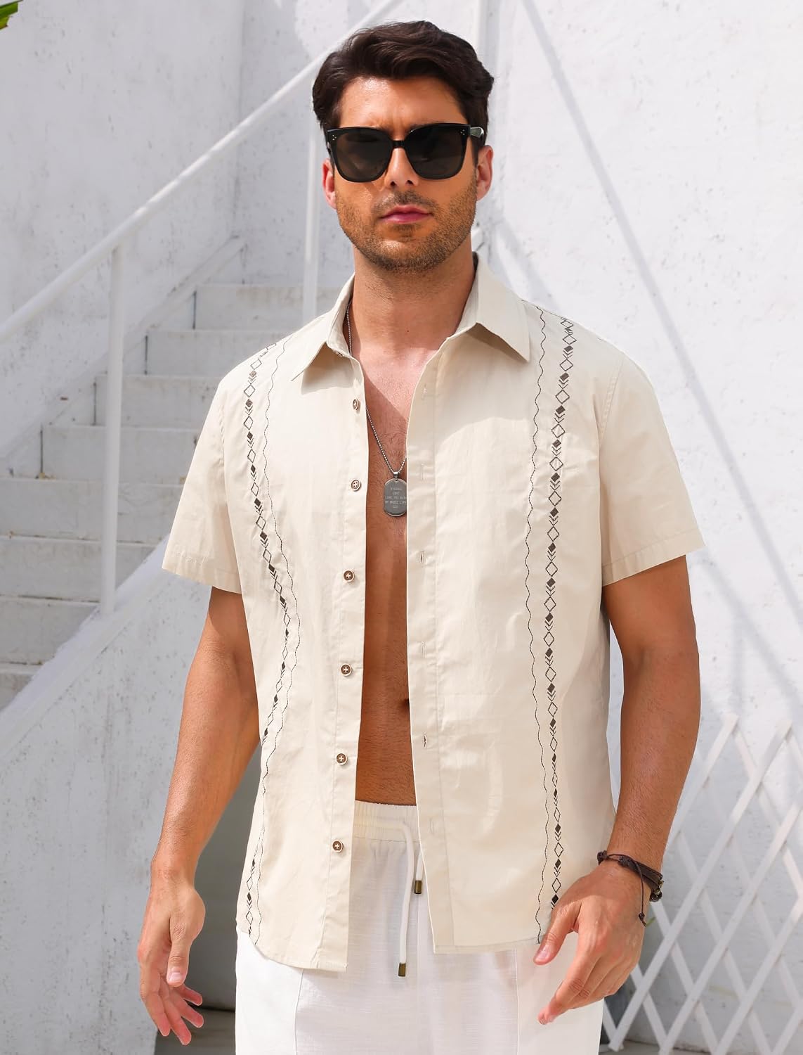 ODIZLI Men's Guayabera Shirt Button Down Embroidered Mexican Cuban Shirts Summer Beach Casual