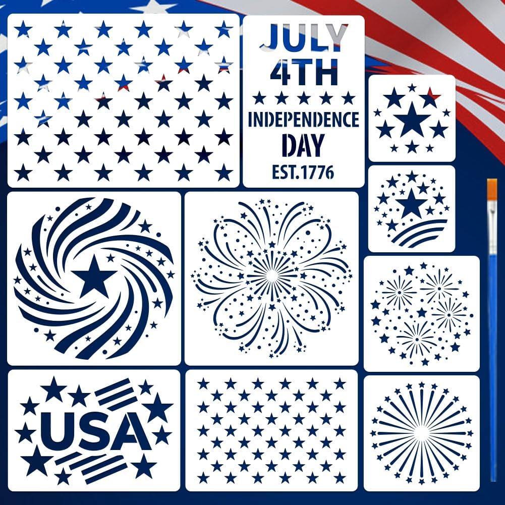 FINGERINSPIRE 10PCS Independence Day Painting Stencils with Paint Brush 5 Sizes Firework Celebration Drawing Template DIY Stars Pattern Stencil United States Independence Day Theme Template for Decor