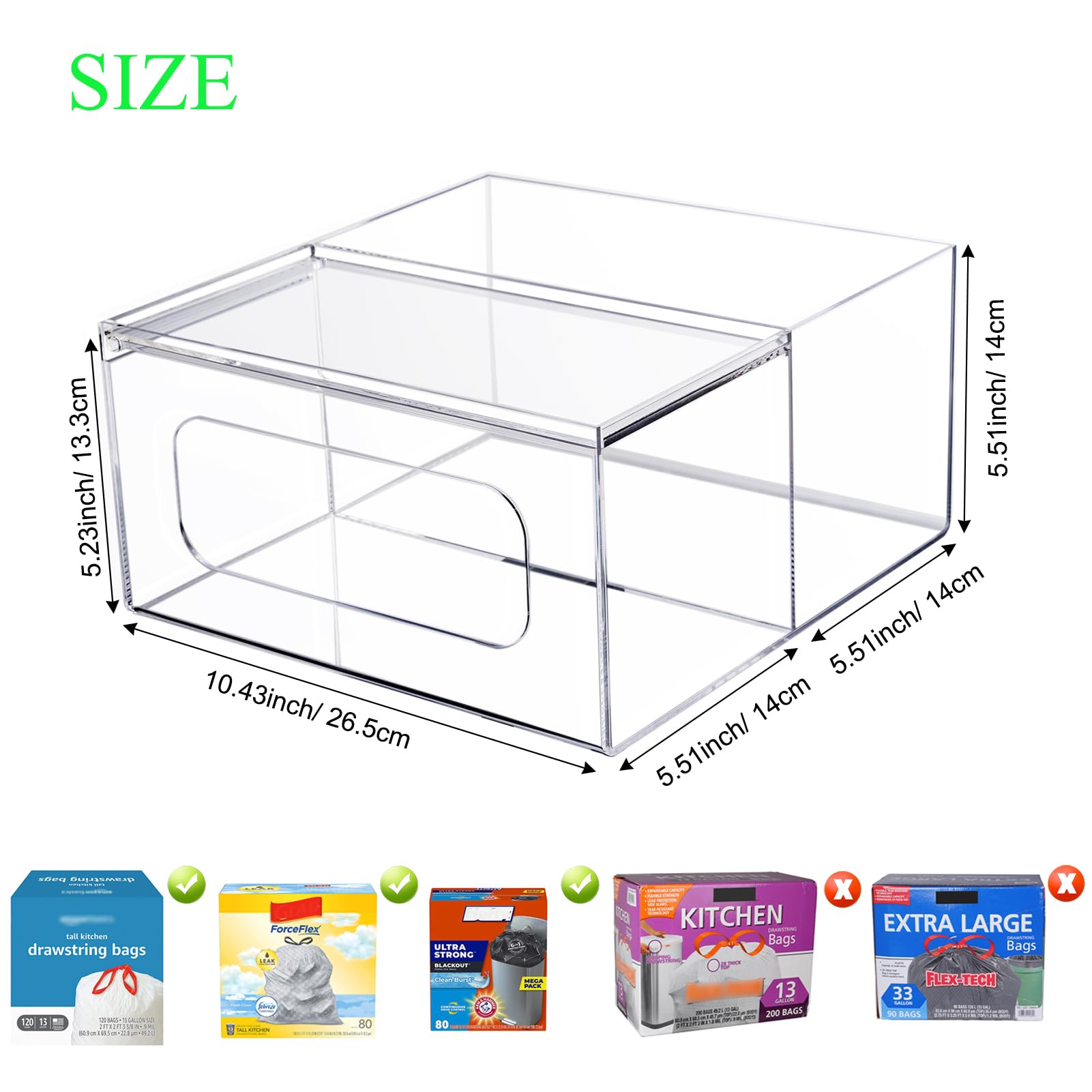 Dispensador de bolsas de basura acrílicas para cocina y baño, organizador y almacenamiento, dispensador grande de bolsas de basura debajo del fregadero, organización transparente para cuarto
