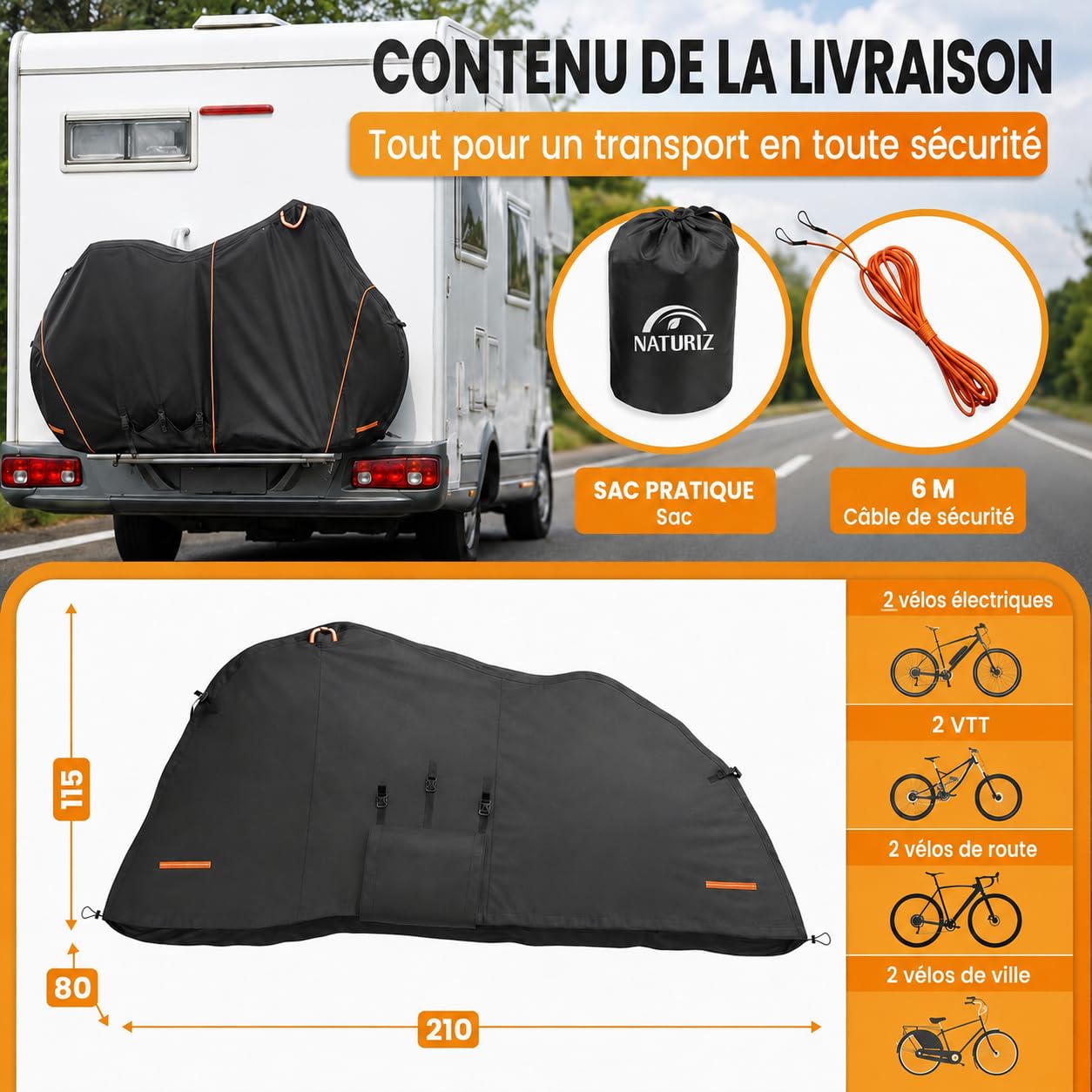 NATURIZ® Housse de protection pour porte-vélo arrière étanche et résistante - Housse de vélo avec corde de tension de 6 m - Housse de vélo pour 2 vélos - Ensemble de protection de transport pour