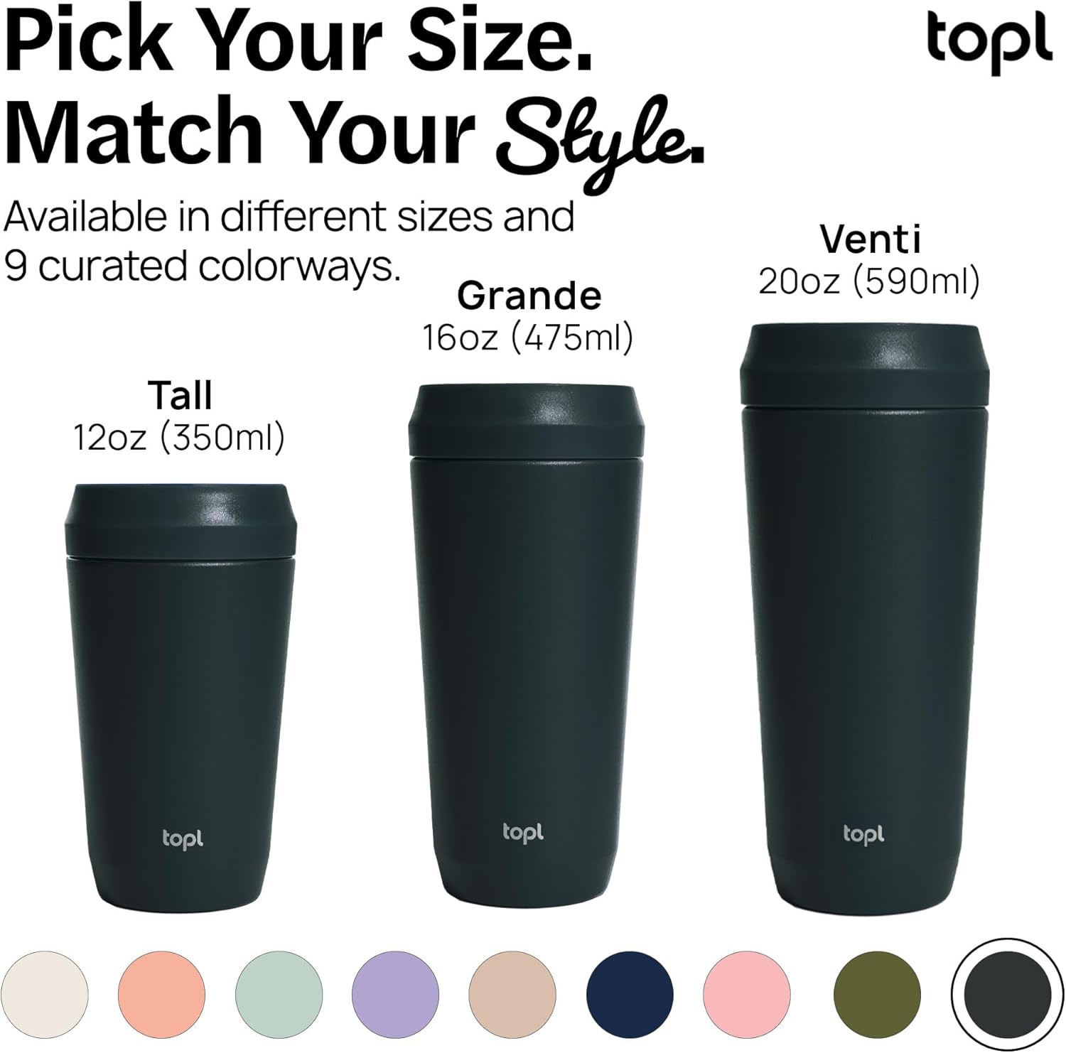 TOPL To Go Coffee Cup – Insulated Travel Coffee Mug with 360° Leak‑Safe Lid, Stainless Steel Coffee Tumbler for Hot/Cold, Spill‑Resistant, BPA‑Free - Charcoal, 20 oz