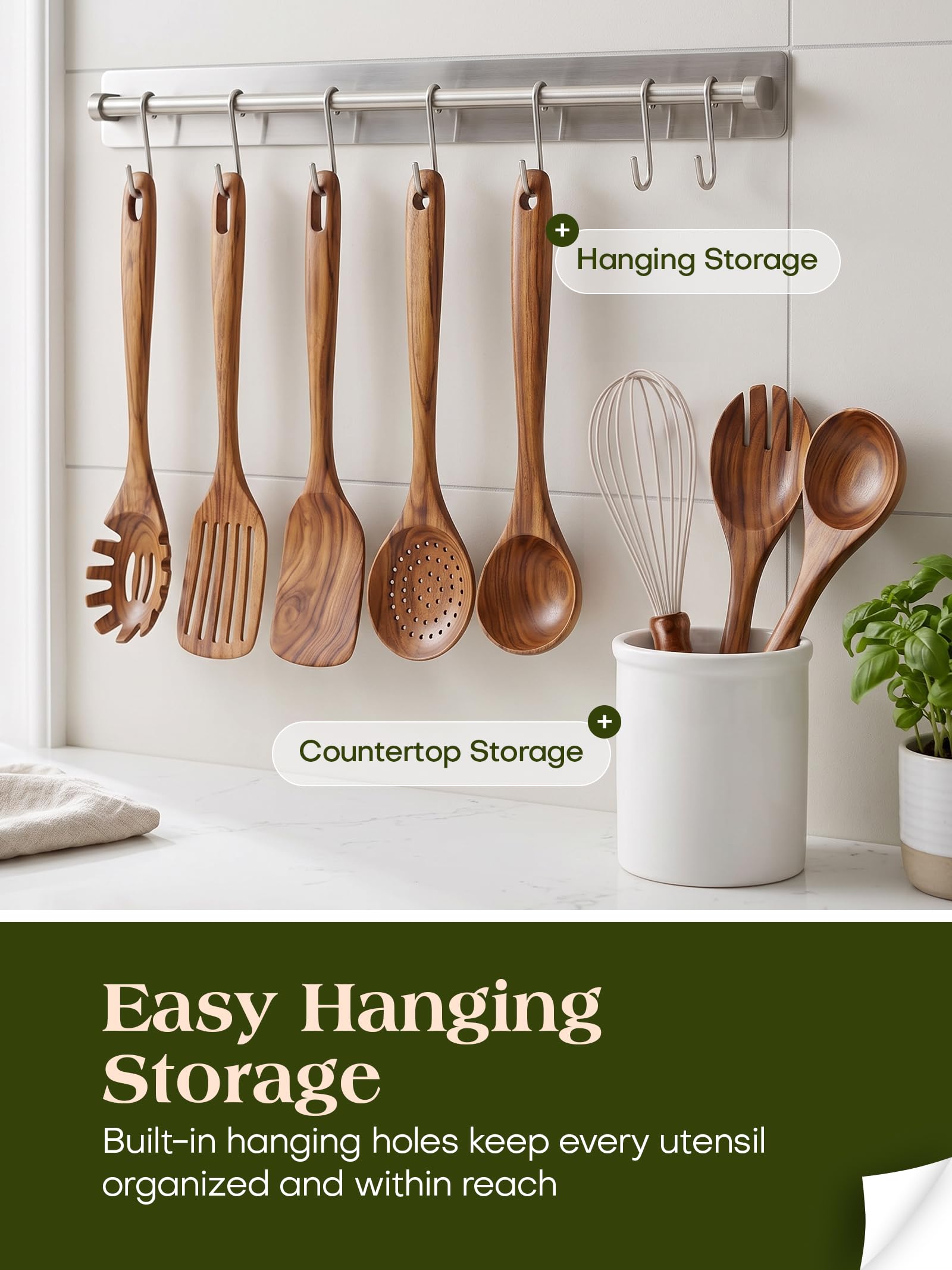 Ustensiles de Cuisine en Bois Antiadhésif - Set de 10 Pièces en Teck Naturel Avec Spatule et Louche