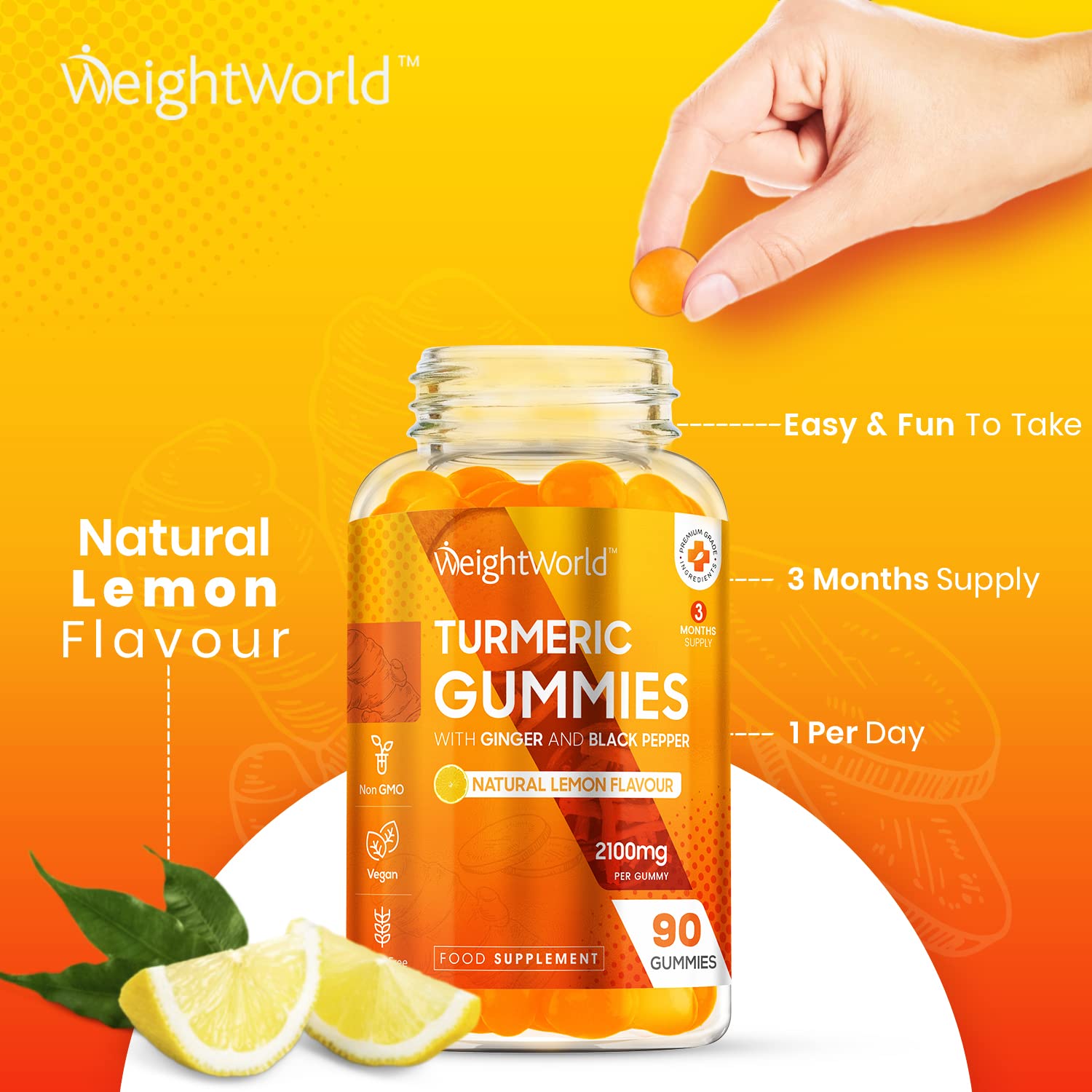 Turmeric Gummies with Ginger & Black Pepper 90 Natural Lemon