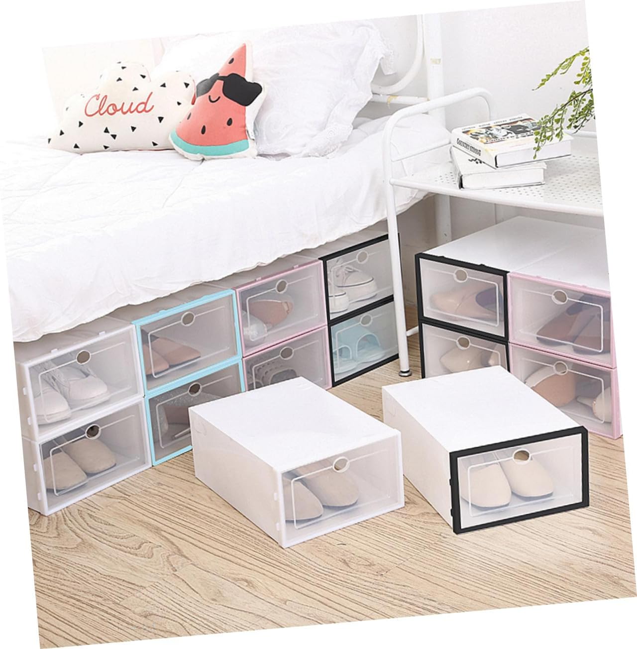 6PCS Thickened Transparent Stackable Shoe Storage Boxes for Women White Plastic Shoe Containers with Space-saving Design for Closet Organization