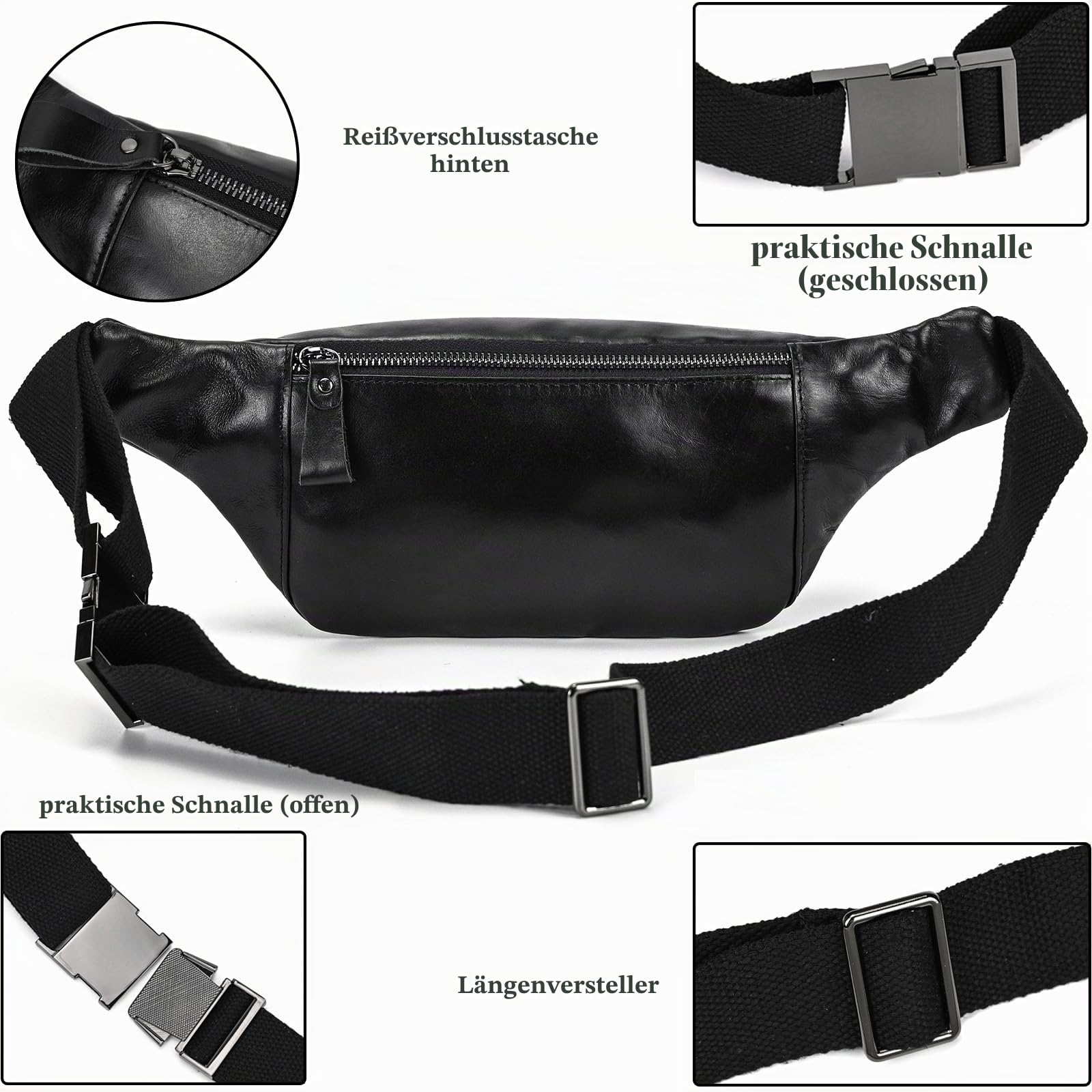 Gürteltasche Leder Vintage Bauchtasche für Herren Damen Hüfttasche Modern Belt Bag für Jogging Festival Urlaub Echtes Leder, schwarz