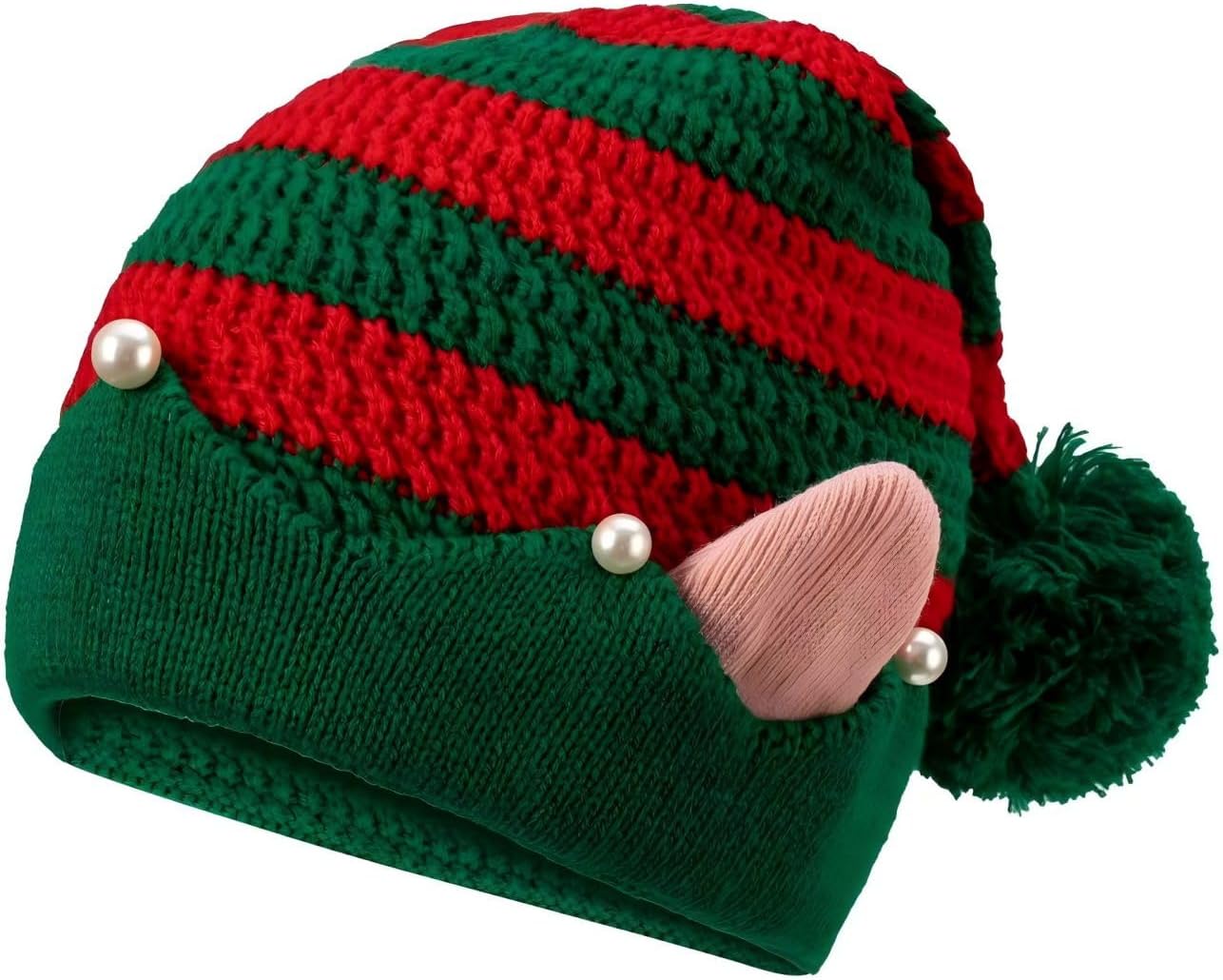 Christmas Beanie for Adults Santa Hat with Ears - Knitted Crochet Elf Cap Warm Xmas Party Hat Festival Costume Accessories for Women & Men