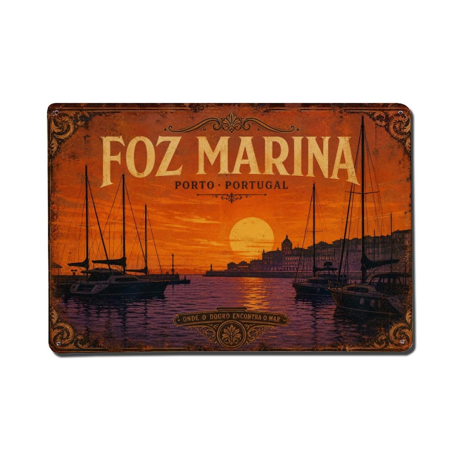 Vintage Travel Foz Marina Sunset Yachts Silhouettes Portugal Metal Tin Sign