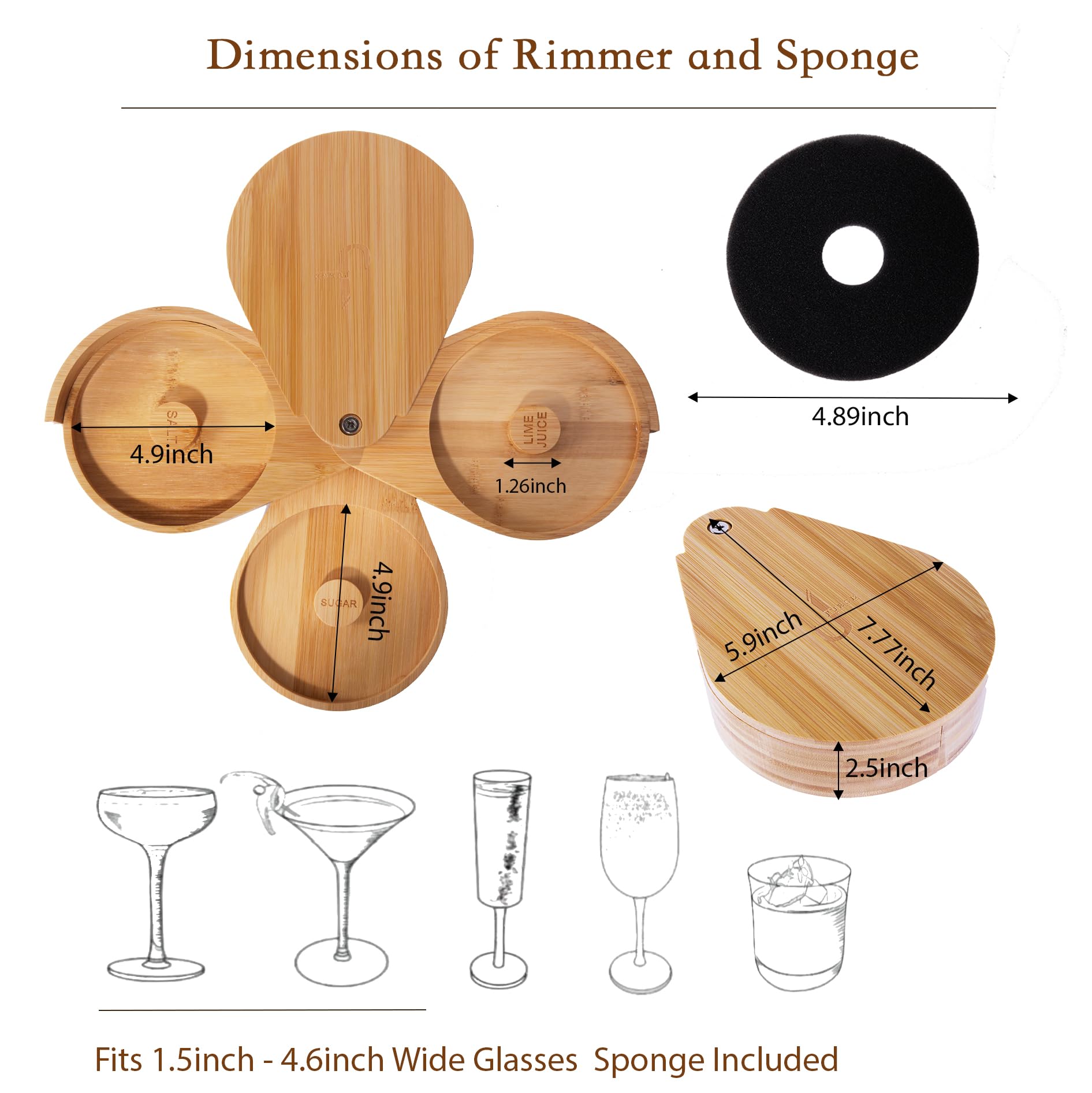 JUEGD Margarita Salt Rimmer Set, 3 Tier Bamboo Salt Rimmer, Party Bar Margarita Salt Rimmer, Bloody Mary Salt Rimmer for Cocktails, with Juice Sponges, Anti-Slip mats, and Screwdriver.