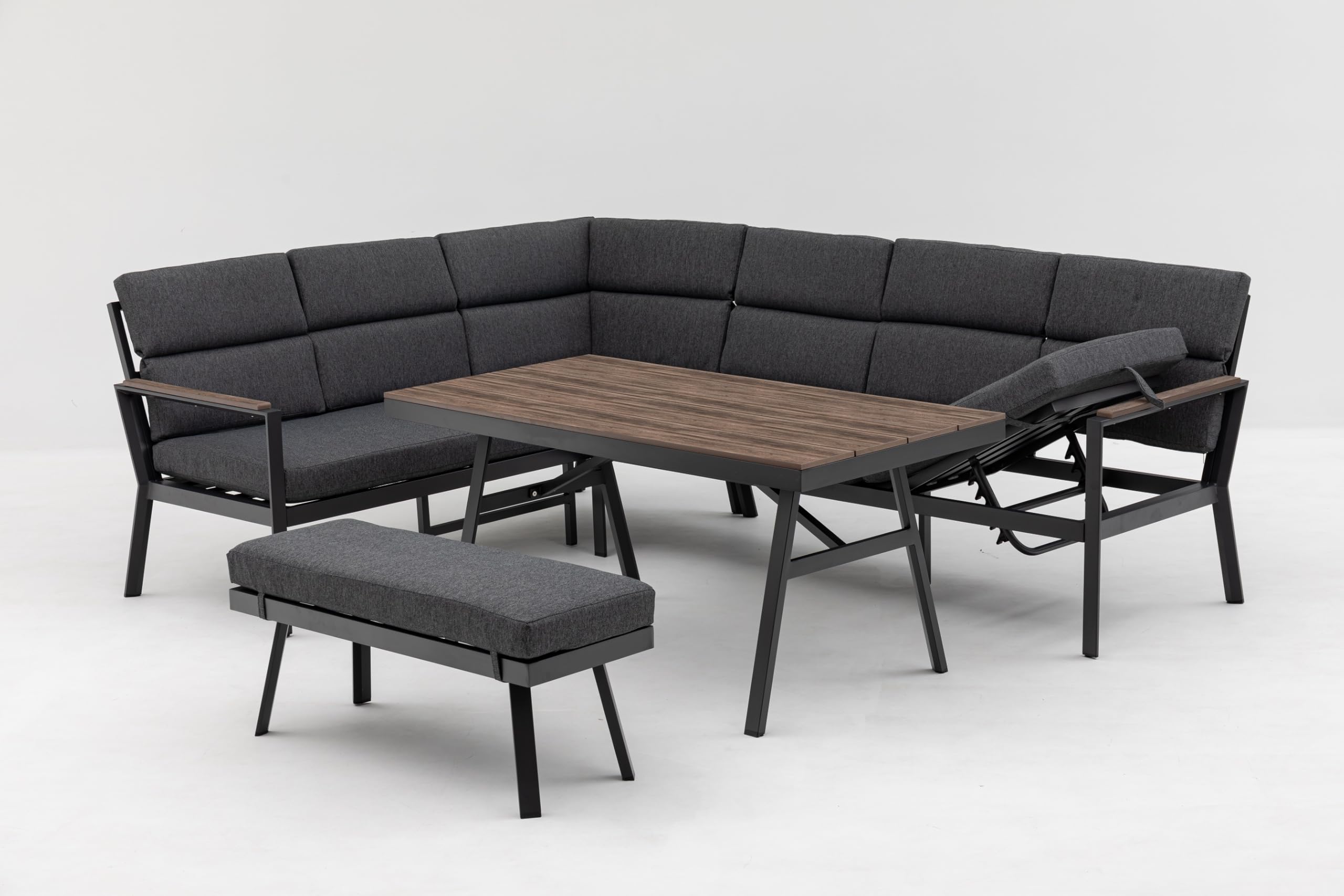 Gardissimo Nara Oak Links Dining Eck Lounge Set, Anthrazit | Mit Ecksofa, Esstisch, Bank & Kissen, Wetterfest bis 9 Personen, Bezüge Waschbar, Aluminium Sitzgruppe
