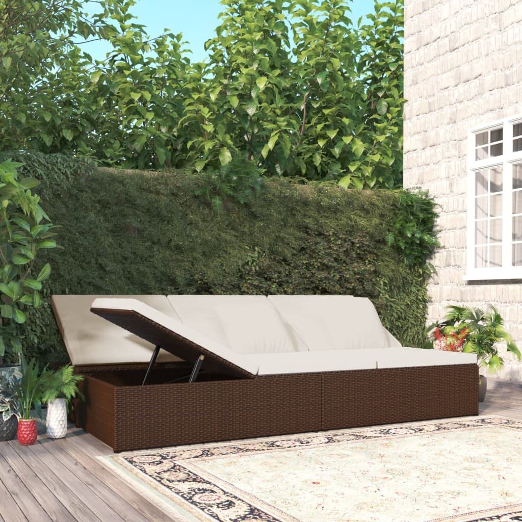 Leżak do opalania z poduszkami, polirattan, brązowy, 200 x 121 cm, łóżko ogrodowe i sofa, regulowany, z poduszkami, odporny na warunki atmosferyczne, na taras, balkon, basen, do wypoczynku