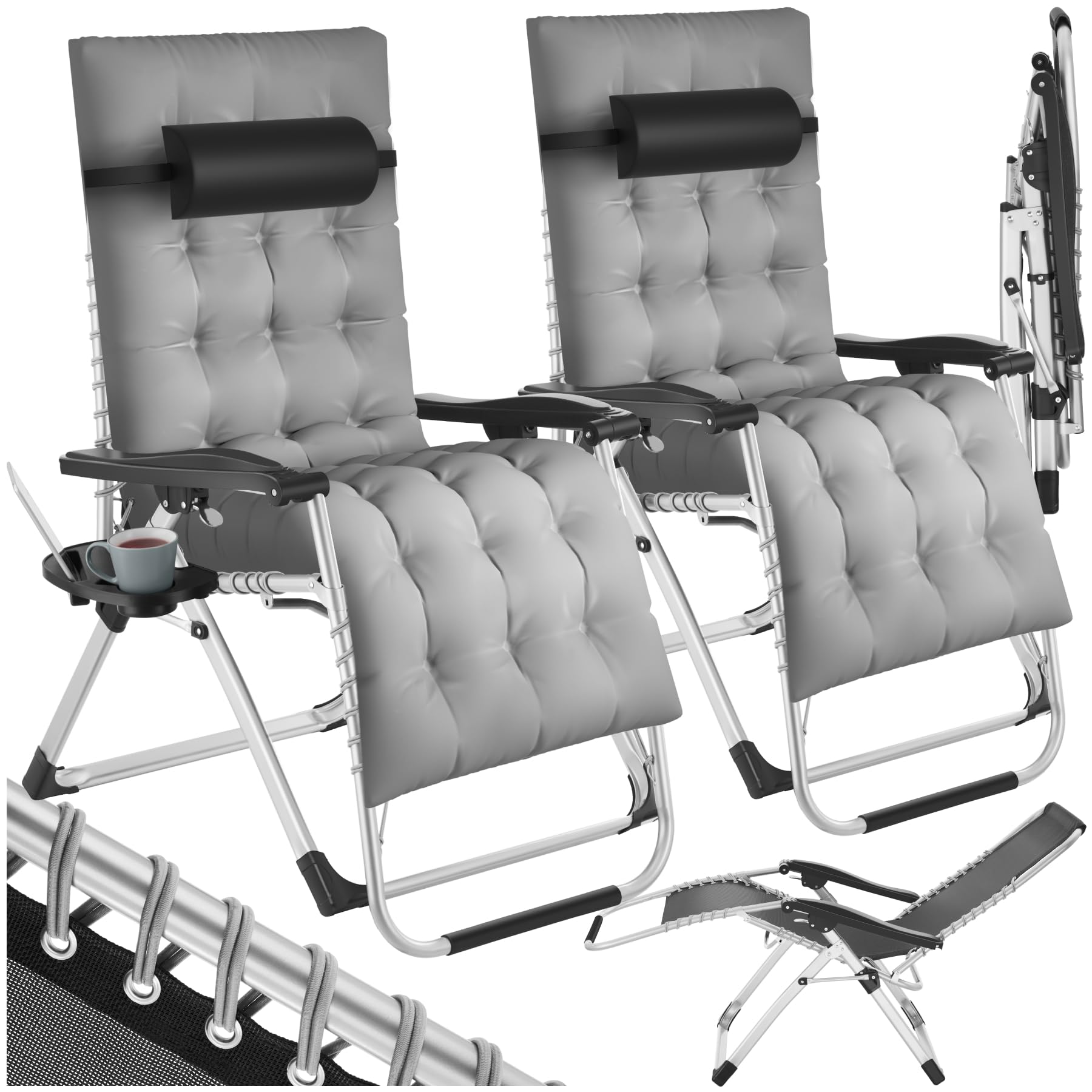 TecTake® Silla Tumbona Plegable para Playa y Jardín, Cojín Cabezal Extraíble, Estructura de Acero, Mesa Auxiliar, Ideal como Silla Camping y Picnic, Silla Exterior Terraza - 2 Tumbonas Gris Claro
