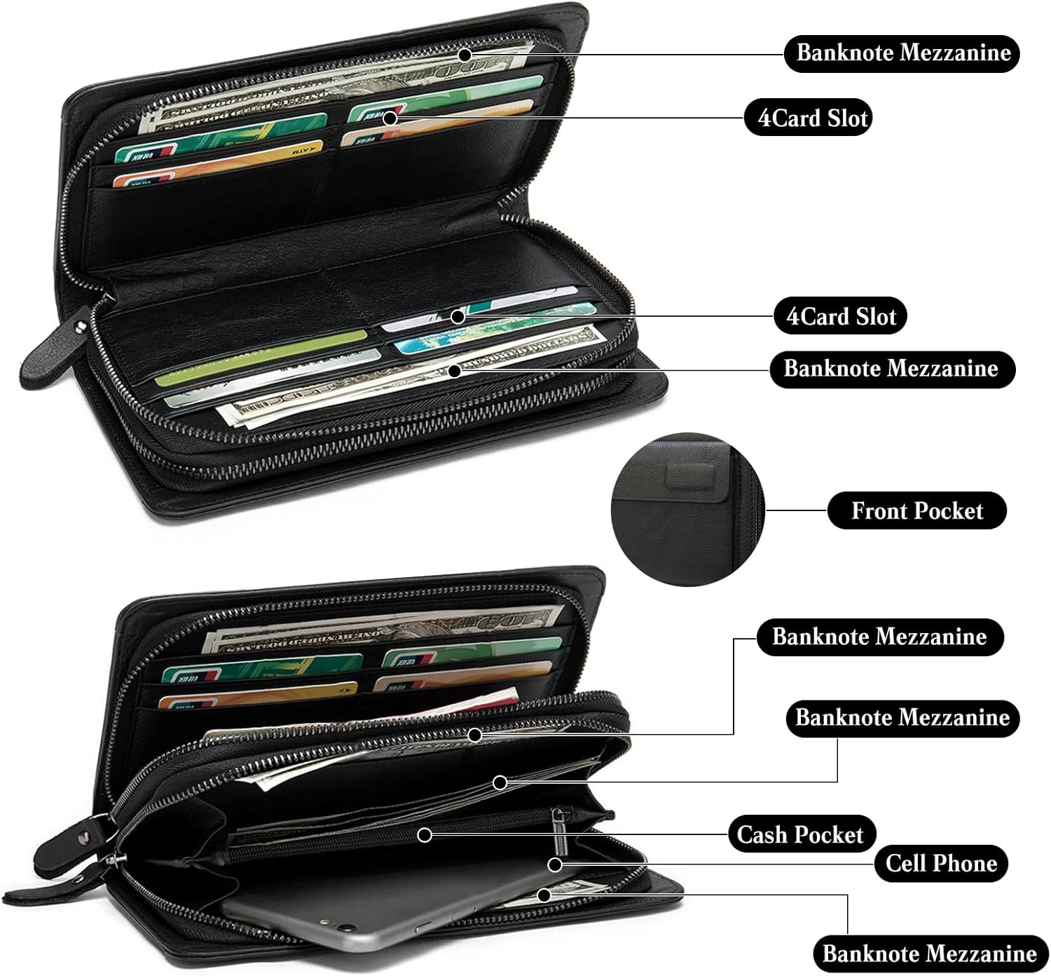 PORRASSO Men's Wallet Leather Clutch Bag Card Holder Cell Phone Purse Long Wallet with 8 Card Slots Black B