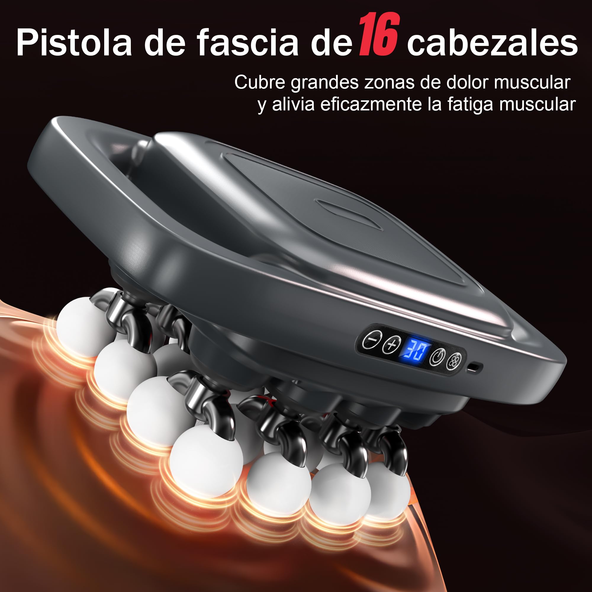 Pistola de Masaje Muscular de 16 cabezales, con 3 Modos y 30 Velocidades Ajustables, Masajeador con Luz Roja para Aliviar la Tensión Muscular y La Fatiga para Espalda, Cintura, Muslos