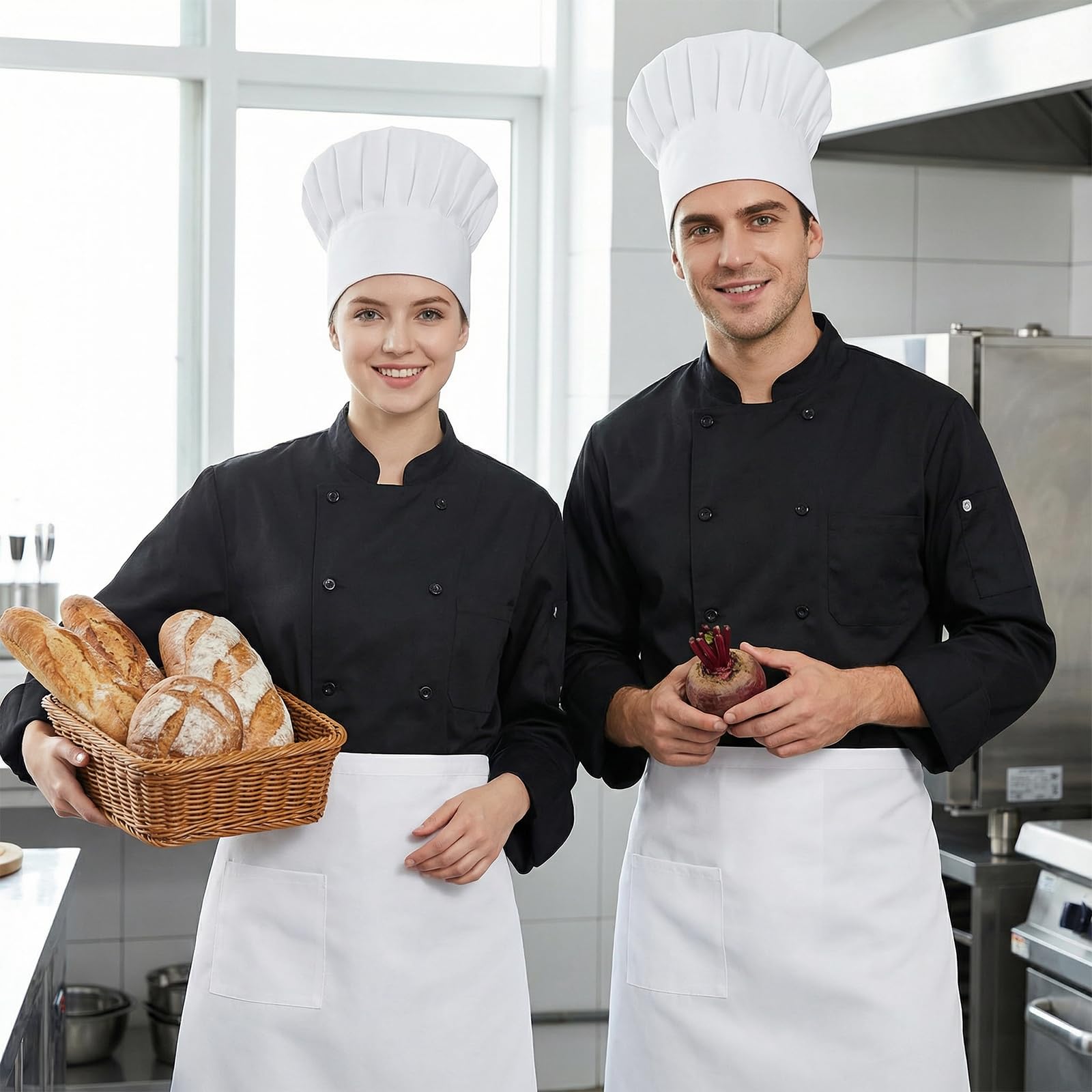 Kapelusz szefa kuchni i pół fartuch bistro, regulowany bawełniany fartuch kuchenny na szelkach, kostium do gotowania i mundur do codziennego użytku, biały półfartuch i czapka szefa kuchni do