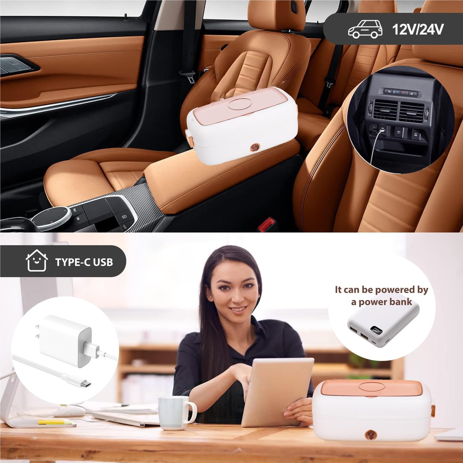 Fiambrera Electrica 24v Camion Adecuado para Portátiles De 12 V/24 V, Fiambrera Termica Aislamiento Térmico De Larga Duración Alimentado por USB, Fiambrera Trabajo,White