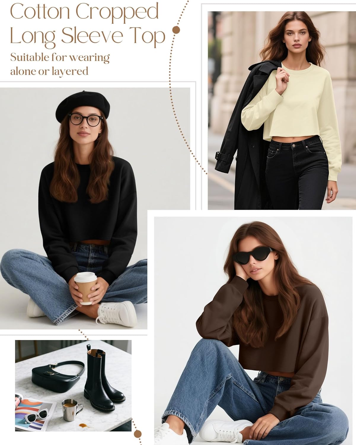 Ficerd 3 Pack Cotton Cropped Long Sleeve Tops for Women Loose Fit Crew Neck Drop Shoulder Crop T Shirts Basic Tee - Image 2