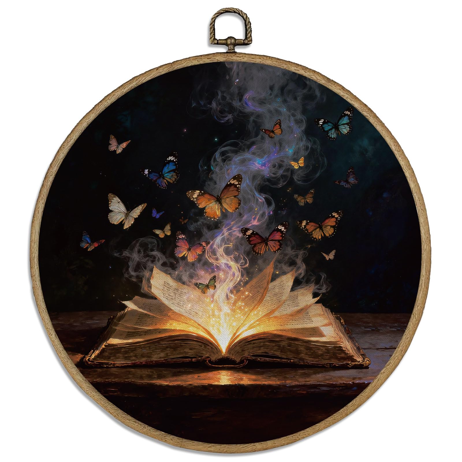 DELORIGIN 10" Retro Butterfly Book Vintage Wall Art Decor Round Wood Framed Canvas Wall Art Prints with Metal Hooks Home Artwork Hanging Picture for Bedroom Living Room Hallway Stairs Decor