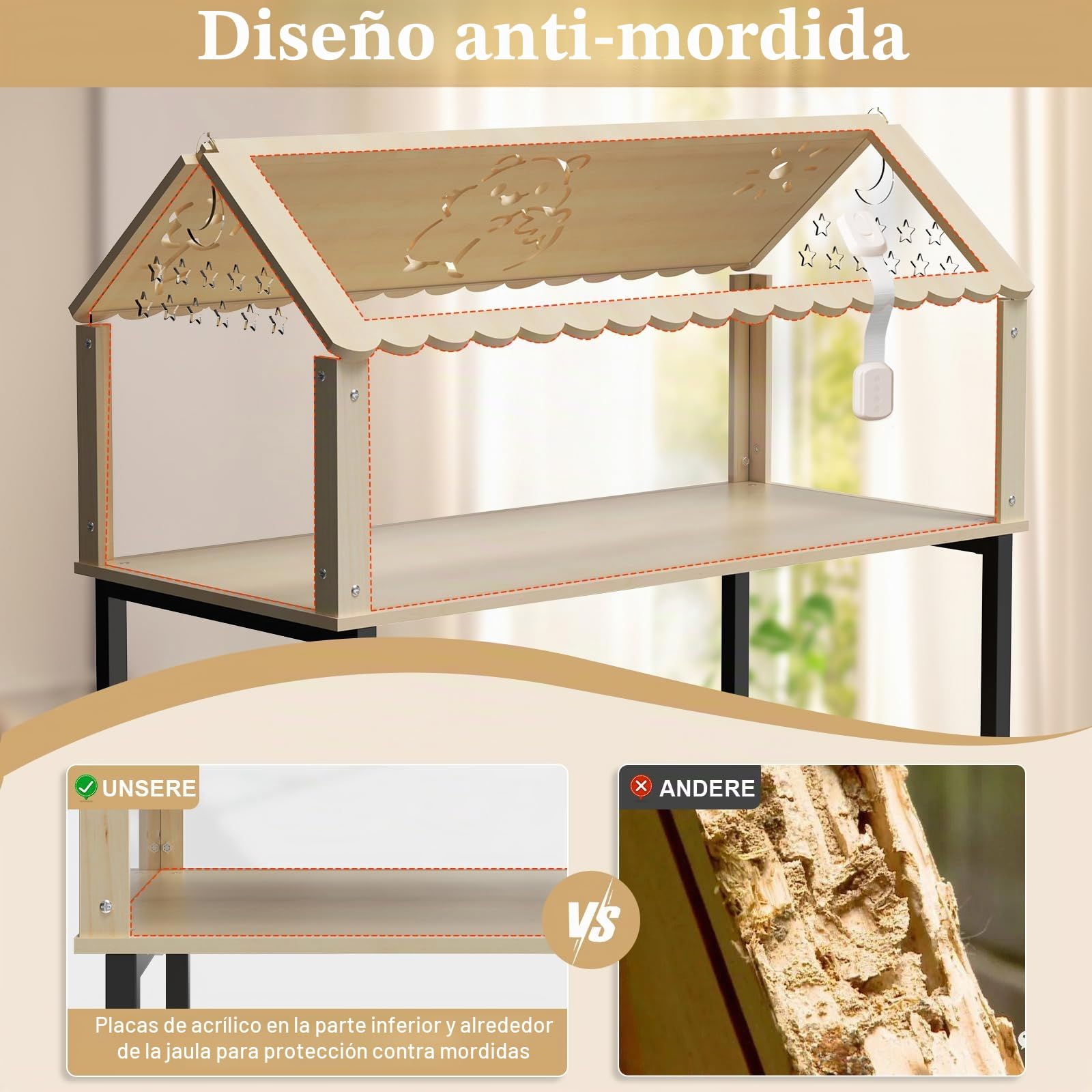 Jaula para hámster de madera con acrílico, jaula para hámster de madera, 60 x 40 x 40 cm, villa para hámster, hábitat para animales pequeños con tapa abierta y escalera de escalada, jaula ratón para