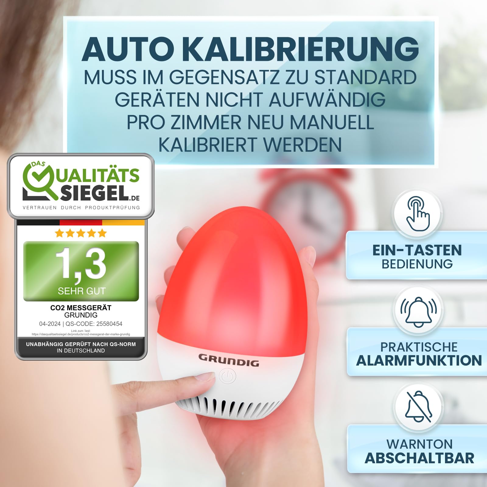GRUNDIG CO2 Messgerät Ampel Kalibrierungsautomatik Akku Betrieb Signal für Stoßlüften mobiles Luftqualität Messgerät
