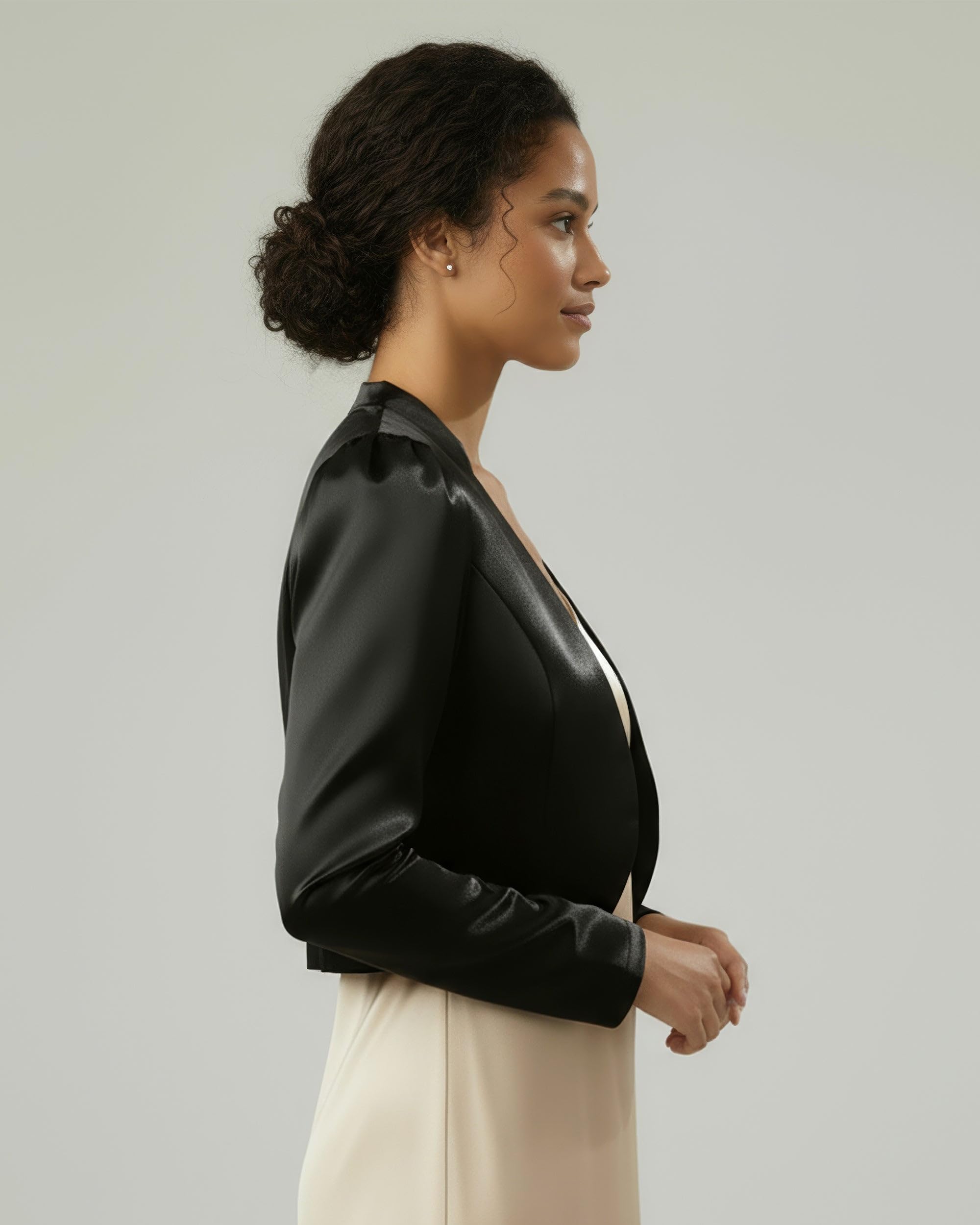 BOLEROSE Formal Puff Sleeve Satin Bolero Jacket | Gathered Shoulders Fully Lined Open Front Blazer-Style Silhouette Sizes XS-5XL product thumbnail 5