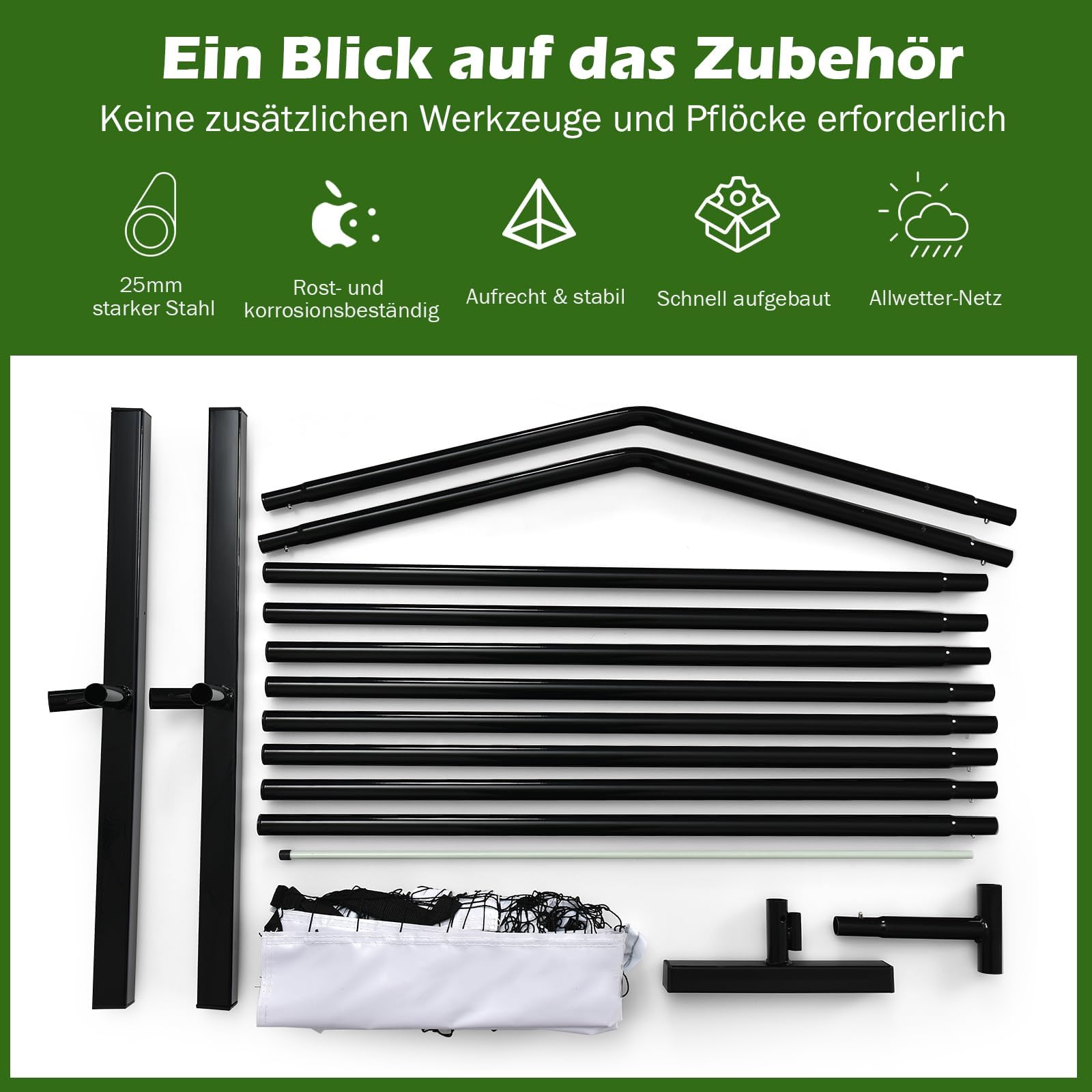 COSTWAY 670 x 92cm Tennisnetz tragbar, Pickleball-Netz in offizieller Größe mit Metallrahmen & Tragetasche, Volleyballnetz Federballnetz Outdoor wetterfest für Kinder Erwachsene
