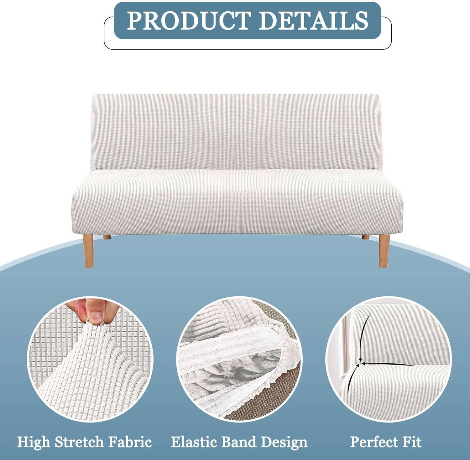 Stretch Futon Cover, Removable Futon Slipcover Soft Nonslip Folding Armless Sofa Cover Washable for Living Room-White-Large