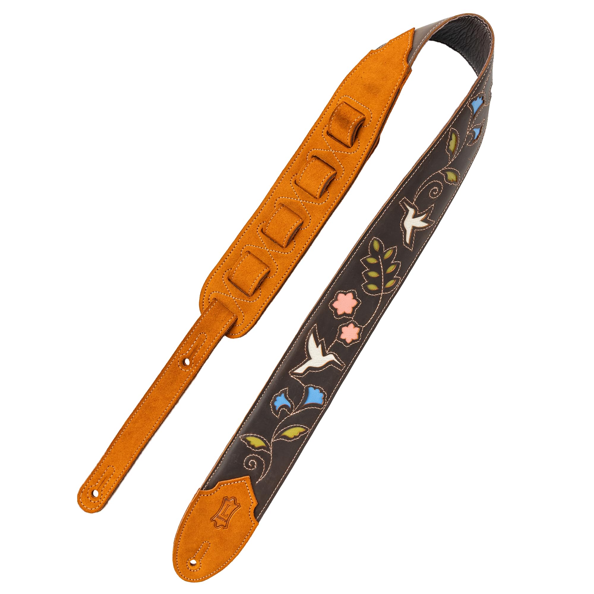 Levy's Leathers Sunbird Series Guitar Strap with Vibrant Multi-layered Hummingbird Design, Featuring Genuine Dark Brown Suede Leather Ends (M4HB-DBR)