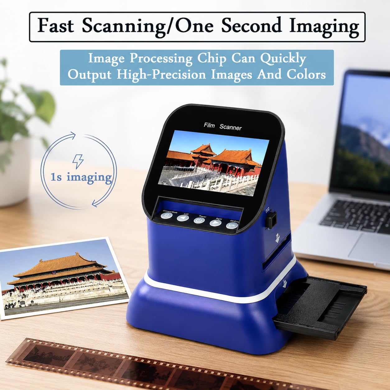 Scanner per pellicola e diapositiva da 22 MP, LCD da 4,3 pollici, 35 mm/120/126/127 | Converte negativi e diapositive in JPEG con editing integrato, memoria da 128 MB e supporto per l'archiviazione su schede SD.