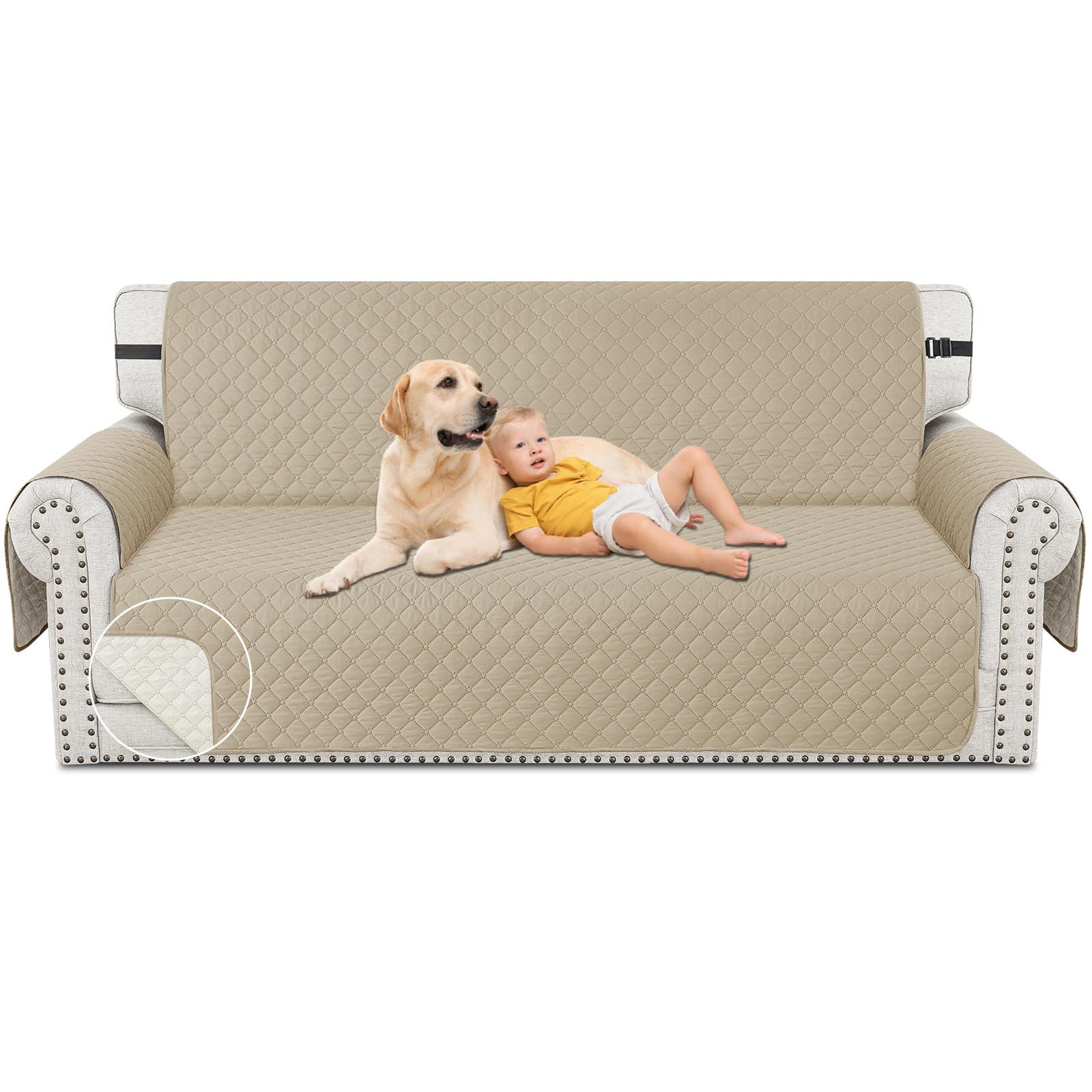 XINEAGE Couch Covers for 3 Cushion with Pockets and Non Slip Straps Water Resistant Sofa Slipcovers for Living Room Soft Thick Furniture Protector for Pets Dogs Kids (Large, Khaki)