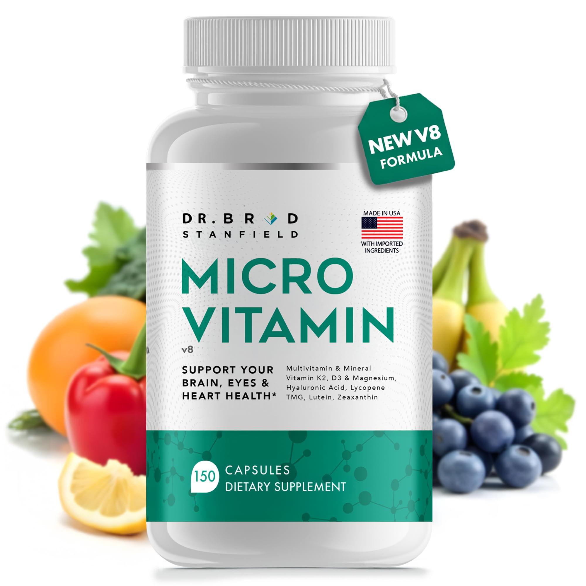 Dr Brad Daily Dosis Baja Multivitamina y mineral para hombres y mujeres para apoyar el rendimiento cognitivo y la memoria + ácido hialurónico para la salud de la piel + TMG para ejercicio (150