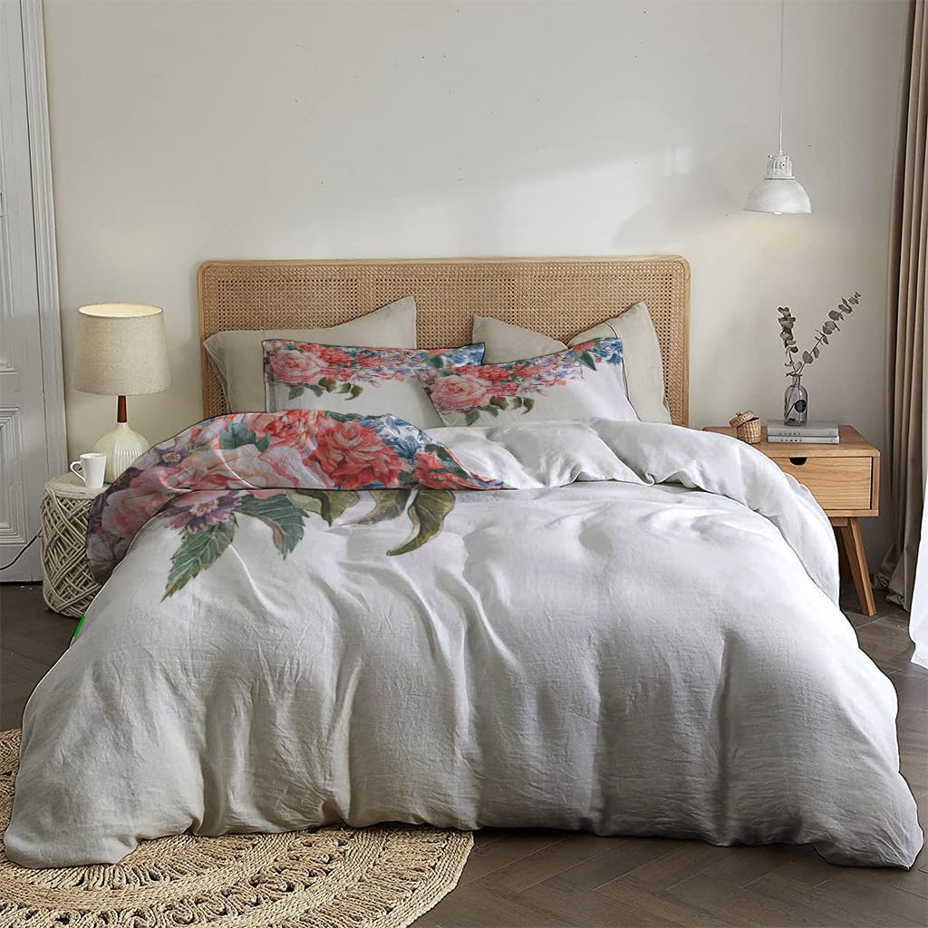 NIBAINLO 布団カバーバラの花束（白背景） 肌に優しい ピーチスキン加工 掛け布団カバー 和式 洋式 あったか 布団カバーセット リバーシブル ホームステイ ホテル 家庭兼用